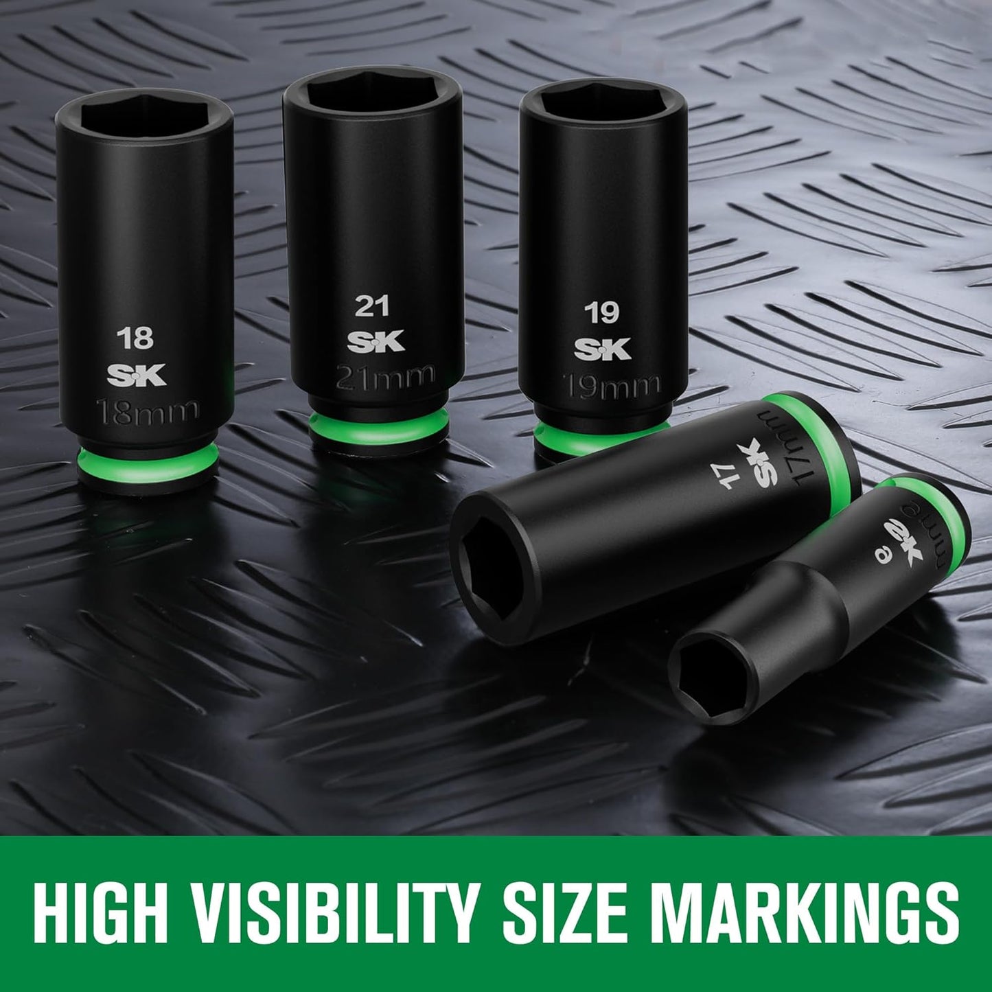 SK 3/8" Drive Impact Socket Set, Deep Metric Sockets, 13-Piece 8 to 21mm, Premium CR-MO Steel, SureGrip 6 Point Design, with Aluminum Socket Organizer
