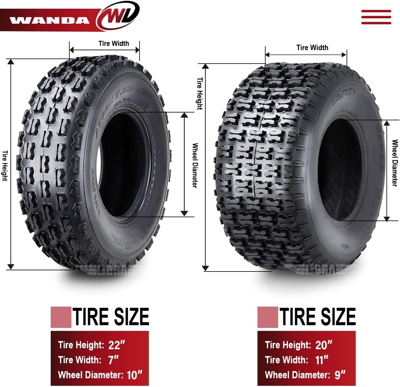 WANDA Set 4 Sport ATV tires 22x7-10 22x7x10 Front & 20x11-9 20x11x9 Rear