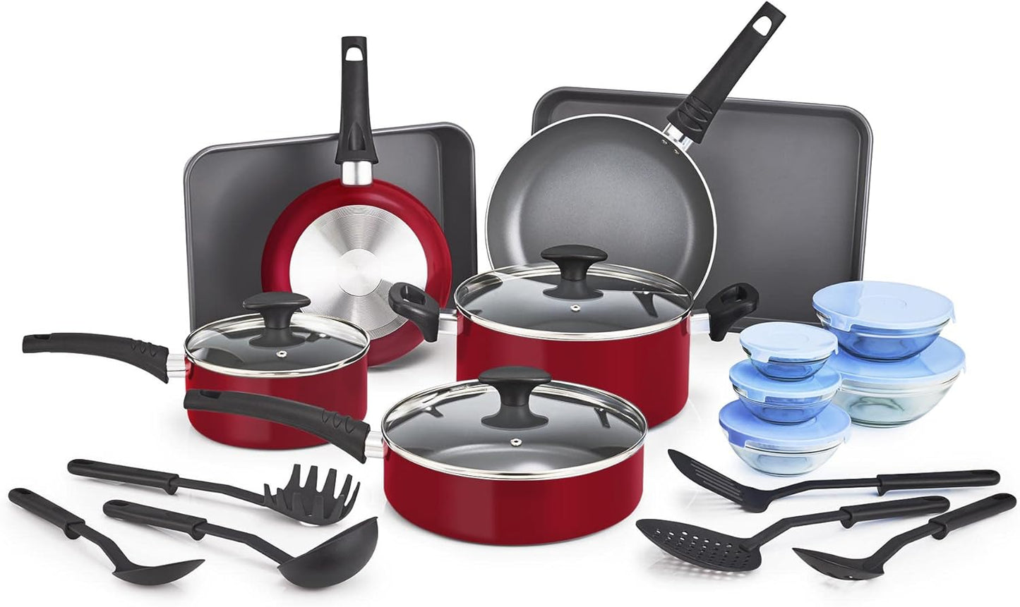bella Cookware Set, 12 Piece Pots and Pans with Utensils, Nonstick PFOA Free Scratch Resistant Cooking Surface Compatible with All Stoves, Nylon and Aluminum, Black