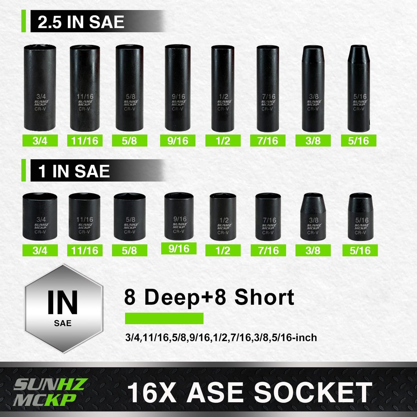 SUNHZMCKP 3/8" Drive Impact Socket Set, 52 Piece Standard SAE (5/16-3/4 inch) and Metric (8-22mm) Shallow & Deep Sockets, Adjustable Ratchet Handle, Extension Bars, Adapters, Universal Joint, CR-V