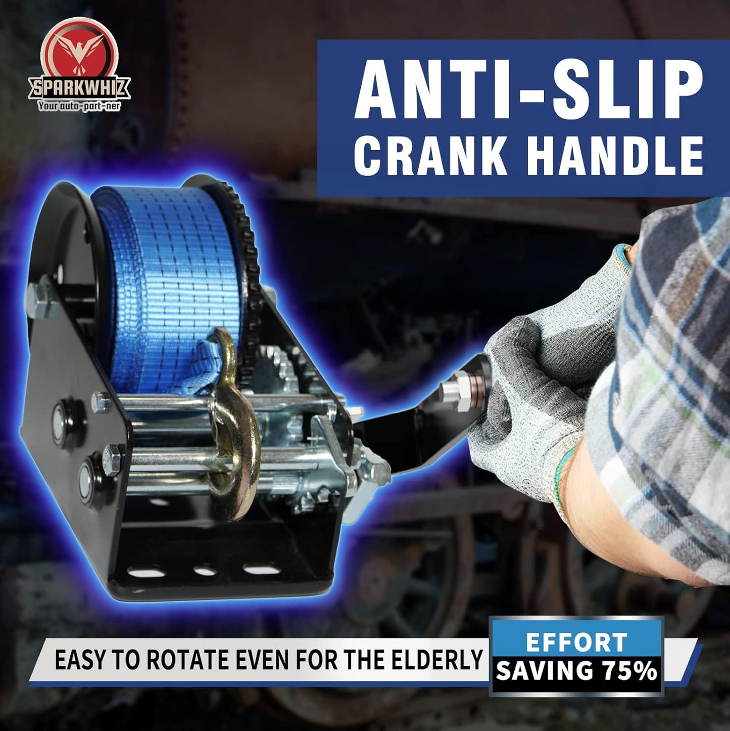 Boat Trailer Winch Hand Winch 3200lbs Heavy Duty Hook with 10m (33ft) Polyester Strap Hand Crank Winch, Two Way Ratchet Manual Winch for Trailer ATV Boat