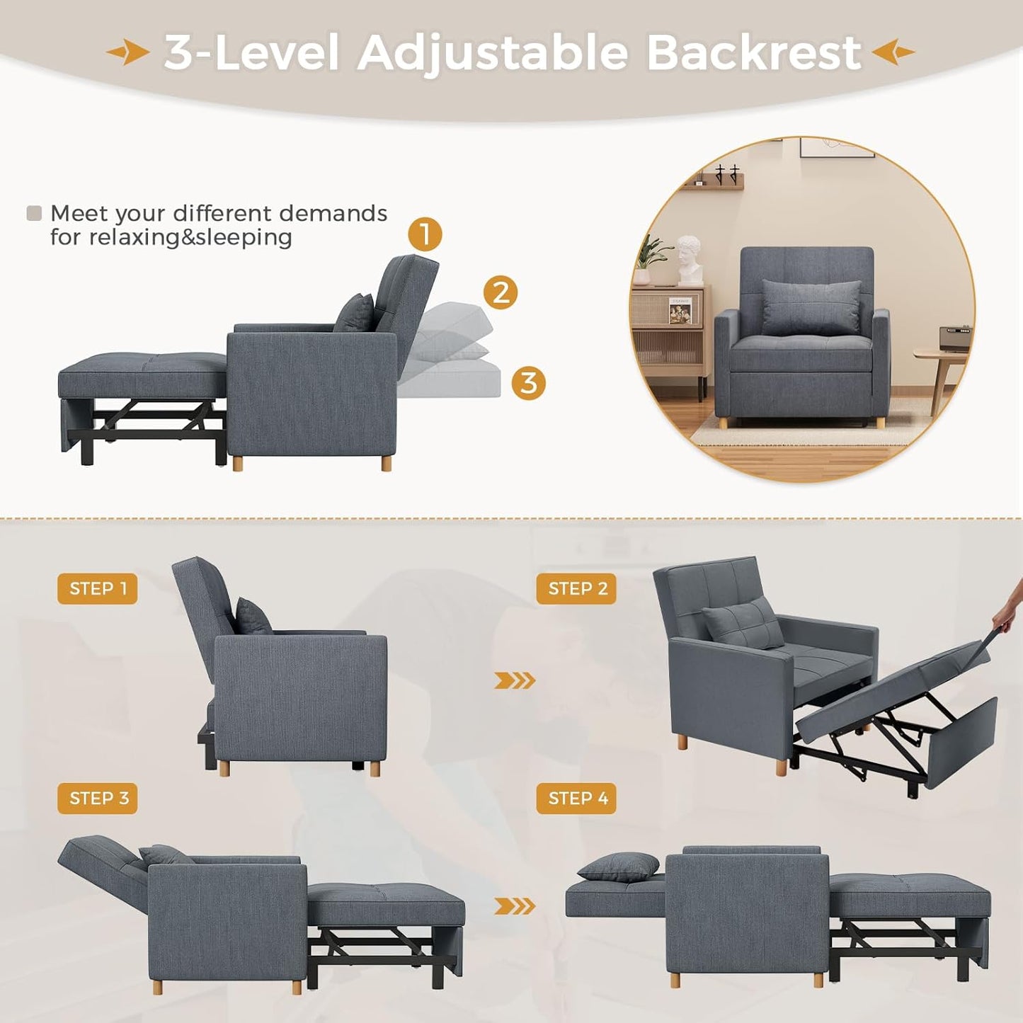 31.5" Sleeper Chair, Convertible Chair Bed for Adults, 3-in-1 Pull Out Sofa Chair with Side Pocket, Pillow and Adjustable Backrest for Small Space, RV, Apartment, Living Room, Dark Grey