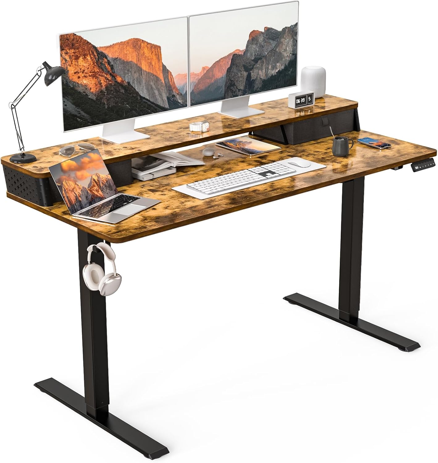 48"x 24" Standing Desk with Drawers, Easy Assembly Design, Adjustable Height Sit Stand Up Desk, Home Office Table with C-Clamp Mount Compatible, 3 Preset Heights & 2 Hooks(Rustic Brown)