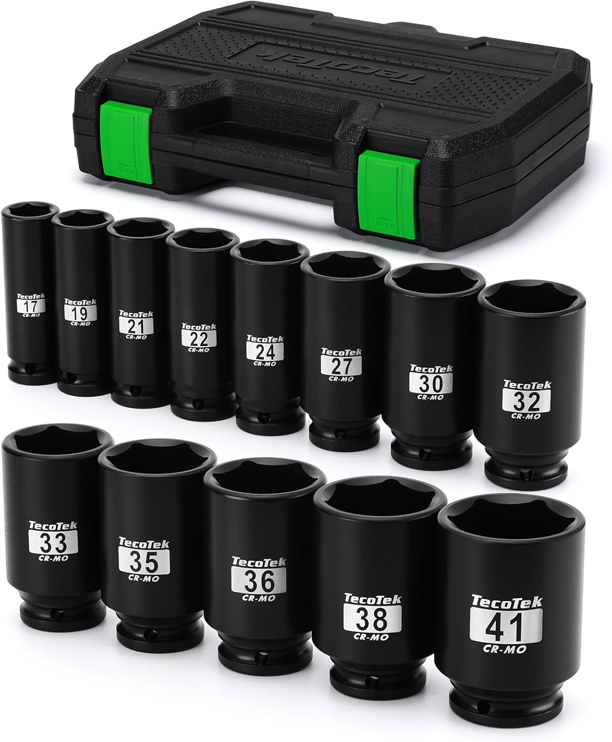 1/2" Drive Deep 6-Point Impact Socket Set, 11-Piece Standard SAE Spindle Axle Nut Impact Socket Set, Cr-Mo, 1-3/8-Inch to 2-Inch Size