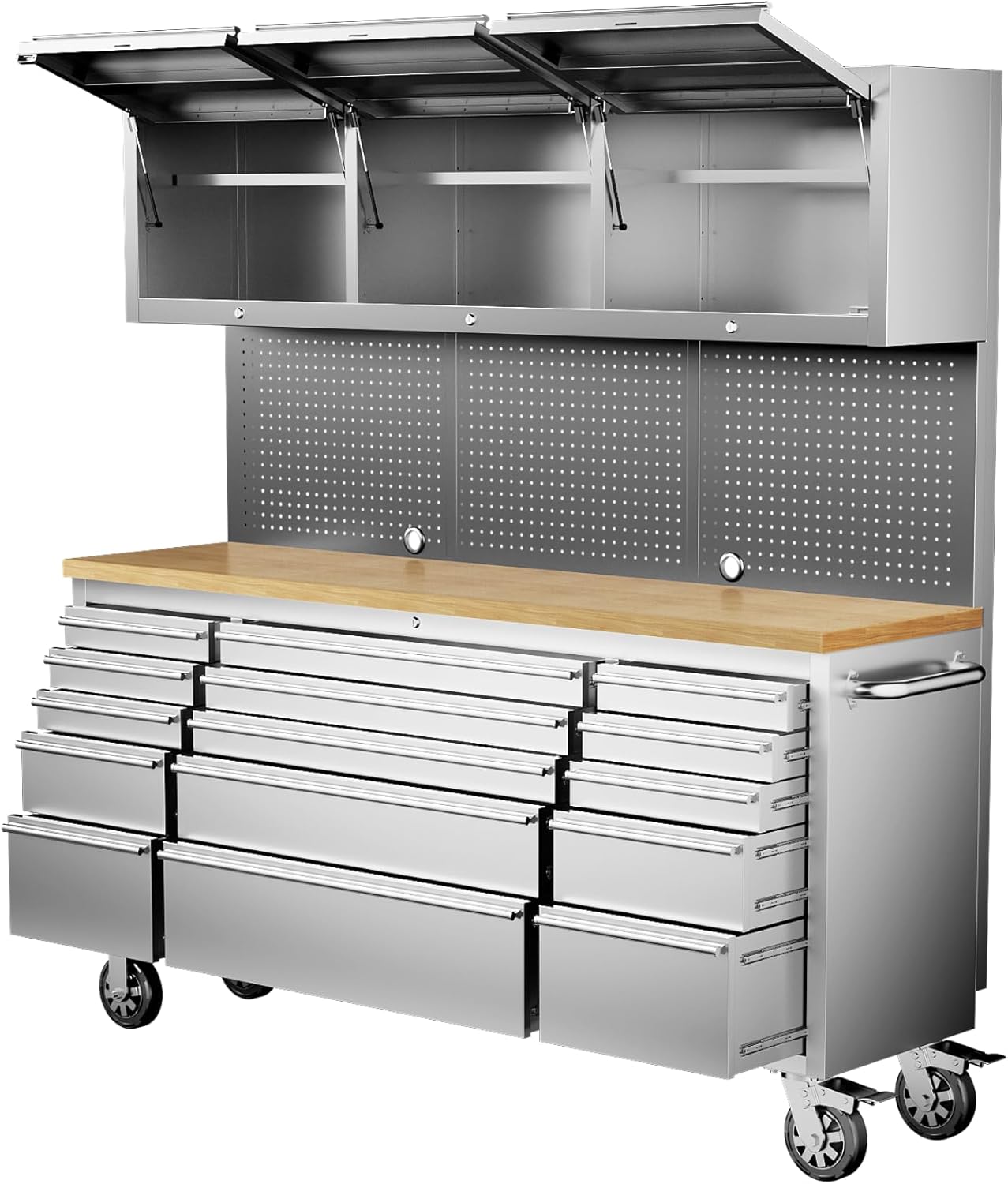 CHETTO C 72-inch Rolling Tool Chest Cabinet Mobile Workbench with 15 Storage Drawers and Wheels 3 Uper Cabinet Outlet SS Pegboard Black Tool Box for Garage