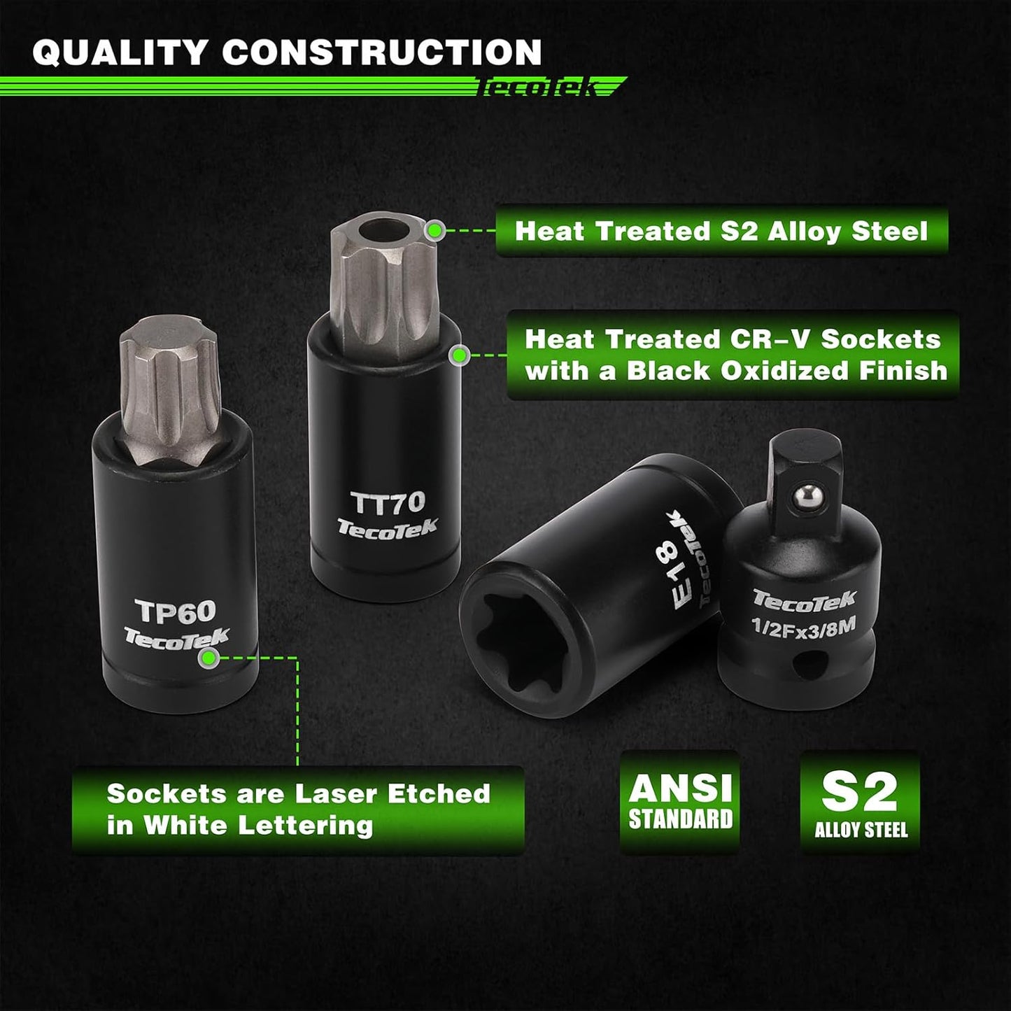 67-Piece Master Torx Bit Socket and External Torx Socket Set, 1/4", 3/8" and 1/2" Drive, S2 and Cr-V Steel, E4 - E24, T6 - T70, TT6 - TT70, TP8 - TP60, Includes 7PCS Socket Adapters