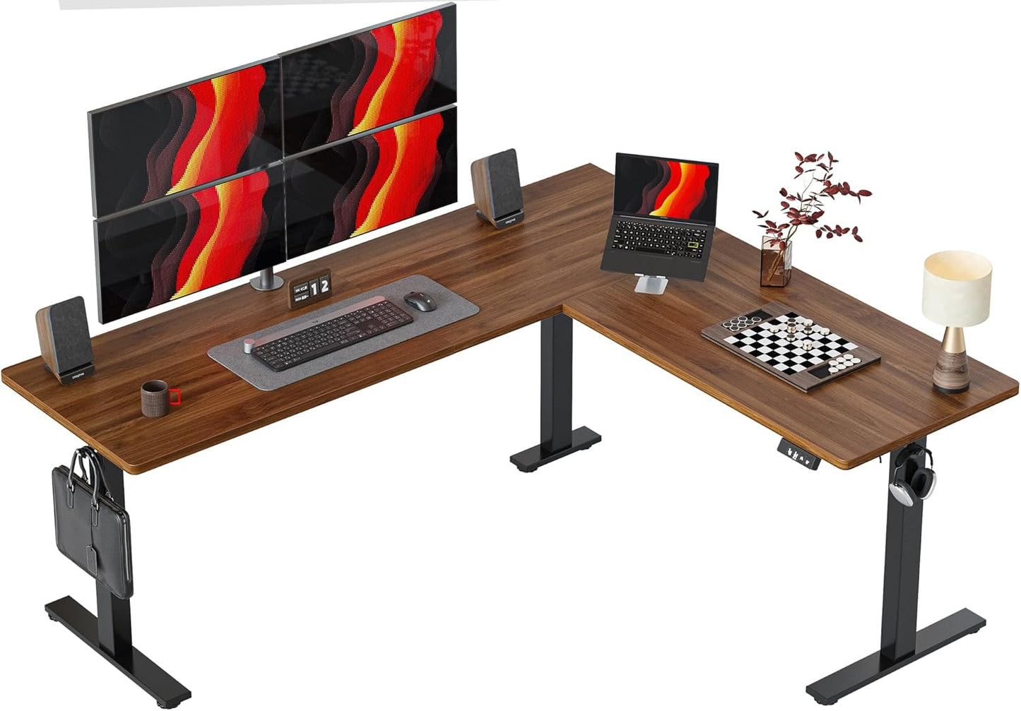 TIQLAB 63 x 55 inch L Shaped Standing Desk Adjustable Height, Electric Corner Standing Desk, Sit Stand Computer Table with Splice Board, Rustic Brown