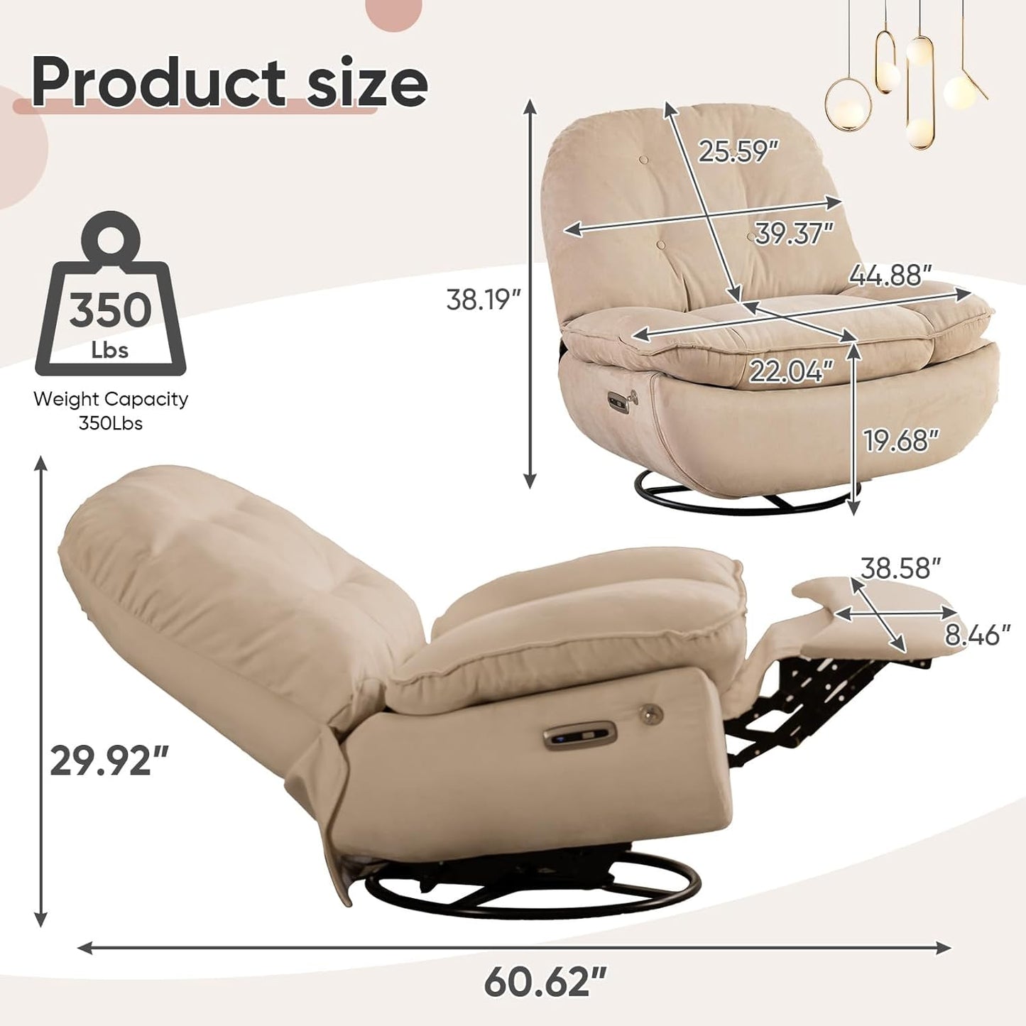 Smart Oversized Electric Recliner Chair, 360° Round Swivel Rocking Glider Rocker for Adults Modern Comfy Ergonomic Chaise Lounge Indoor, Theater Seating Living Room Chairs Reading, Soft Camel Fabric