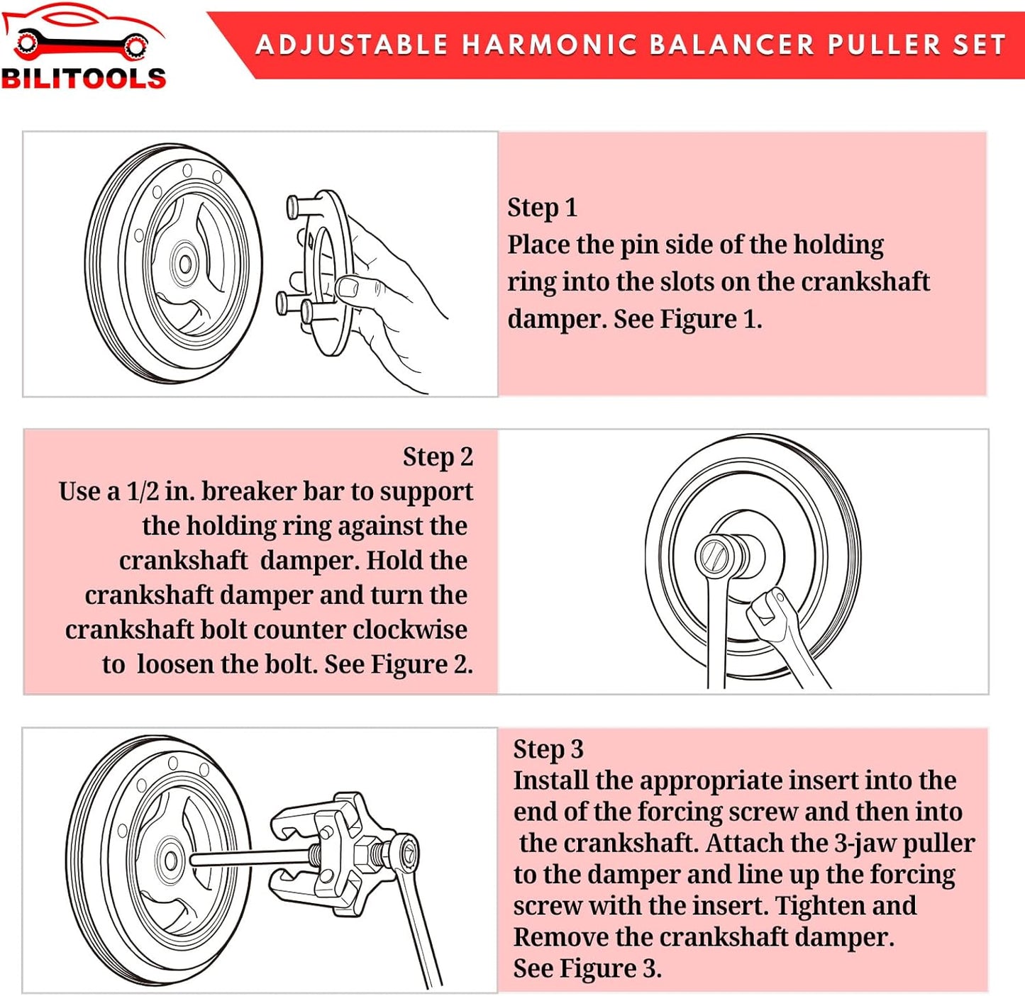 BILITOOLS Harmonic Balancer Puller Set, Upgraded 3-Jaw Pulley Puller with Holding Tool for Removing Harmonic Damper Balancers Compatible with Chevy, GM, Chrysler, Ford etc.