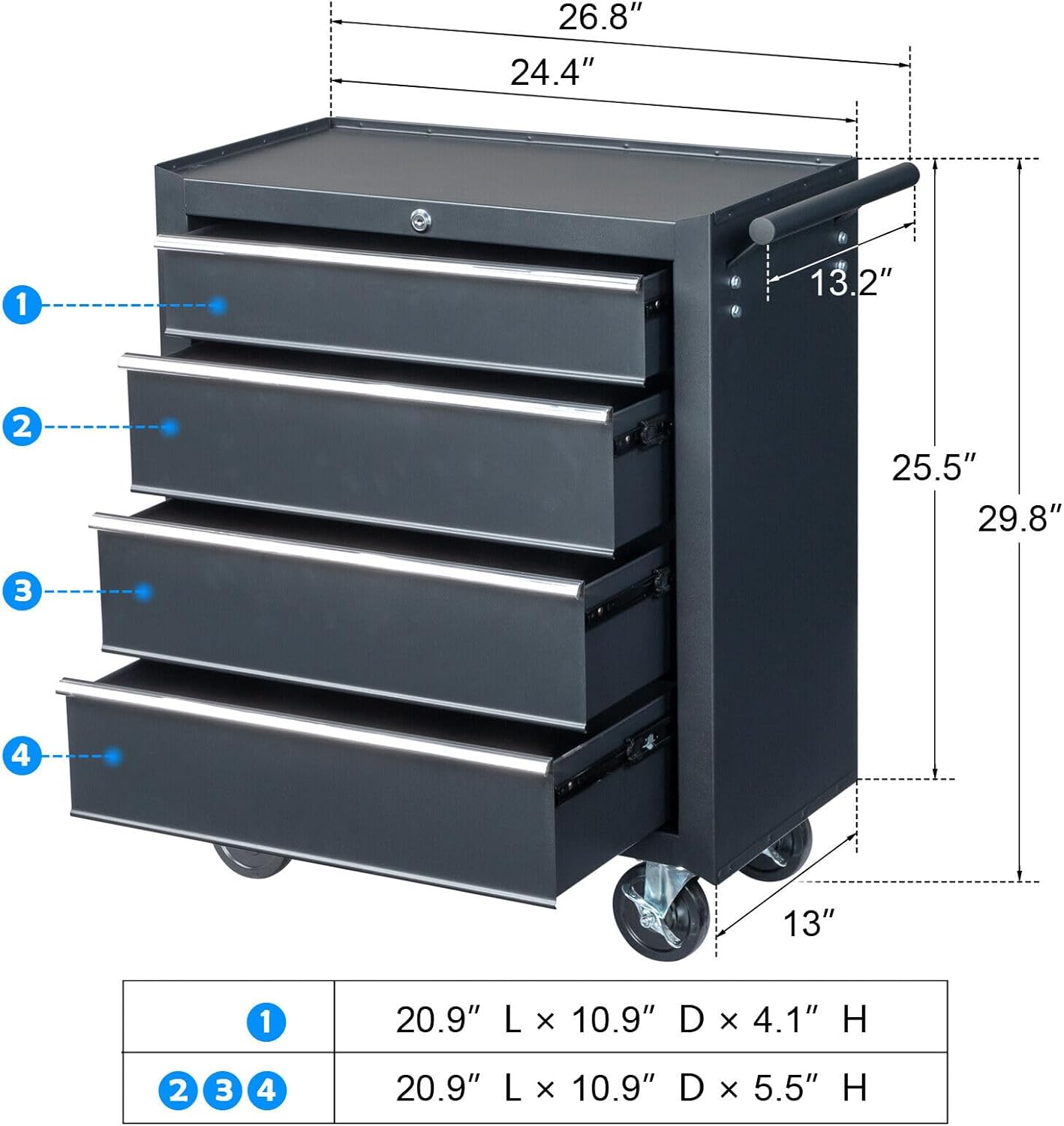 Winado 4-Drawer Tool Chest with Wheels & Lock & Key, Heavy Duty Cart Rolling Tool Box on Wheels, Metal Storage Cabinet, Rolling Tool Cart with Drawers for Garage, Warehouse & Repair Shop