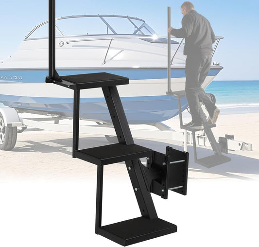 Boat Trailer Steps 3 Step w/Anti-Slip Mat & Handrail, 400LBS Capacity Boat Steps, Universal Fit Boat Trailer Tongue Steps, Flexible Step Height Installation, Easy Assembly & Safe Access