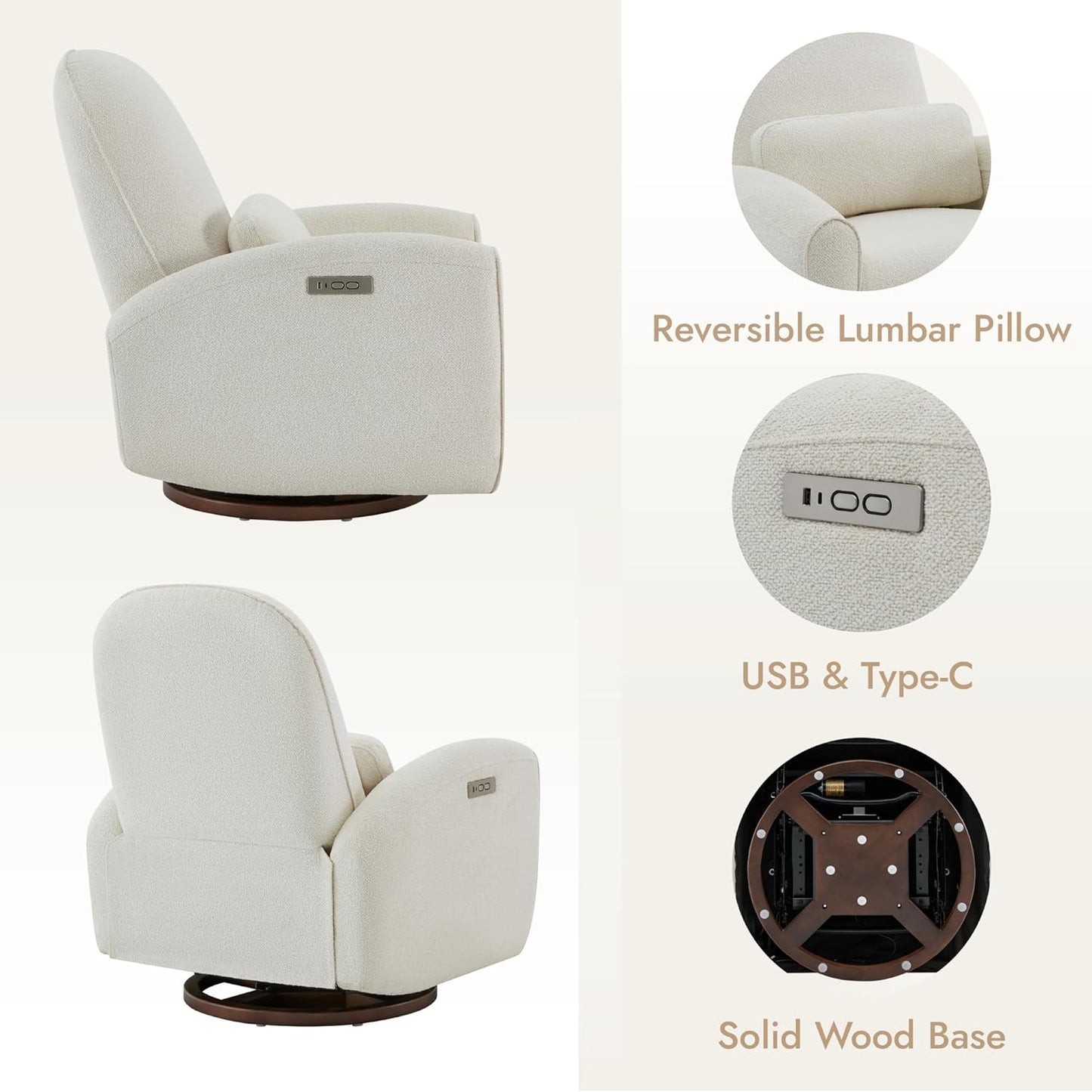Watson & Whitely Power Recliner Chairs, Swivel Nursery Recliner Glider with Pillow Lumbar Support & Solid Wood Base for Living Room, Cream