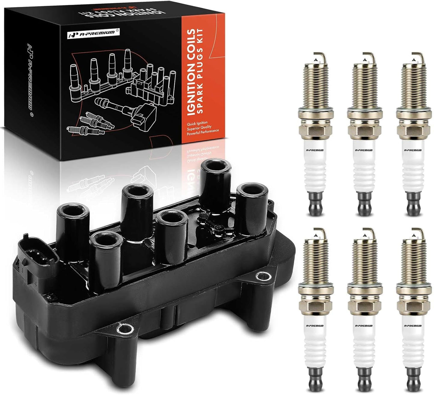A-Premium 1x Ignition Coil Pack and 6x Iridium Spark Plugs Compatible with Cadillac Catera 1997-1998, 3.0L, Replace# 1208075, 90541062