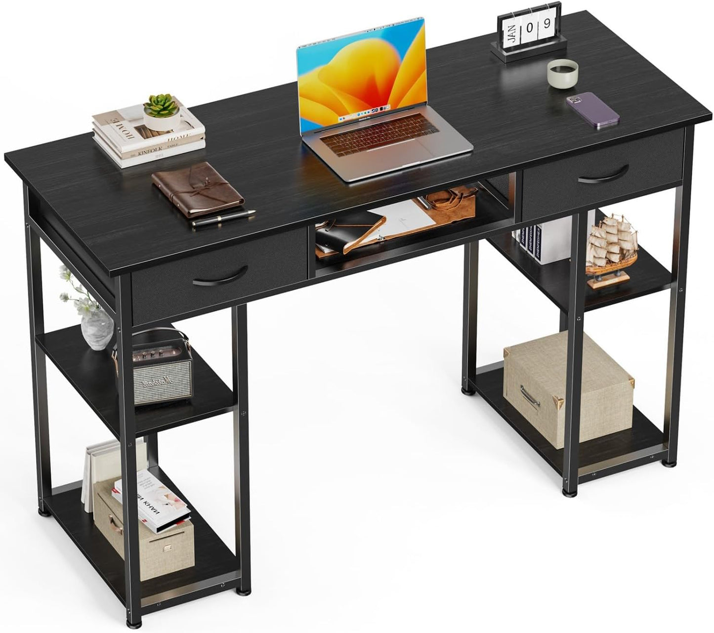 47 Inch Computer Desk with 2 Drawers, Home Office Desk with Wooden Shelves, Study Writing PC Table for Small Spaces, Bedroom, Dorm or Living Room, White