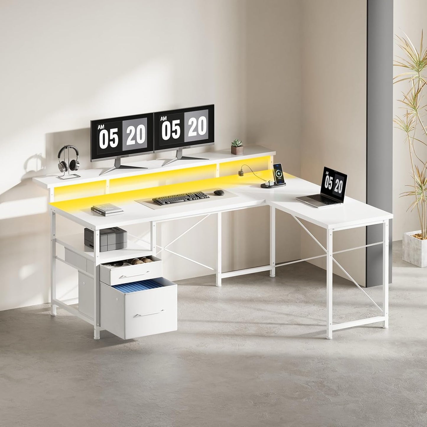 63" Gaming Desk with LED Lights, L Shaped Desk with Monitor Stand, Computer Desk with Drawers, PC Desk with Outlets, Office Desk with Monitor Stand, White