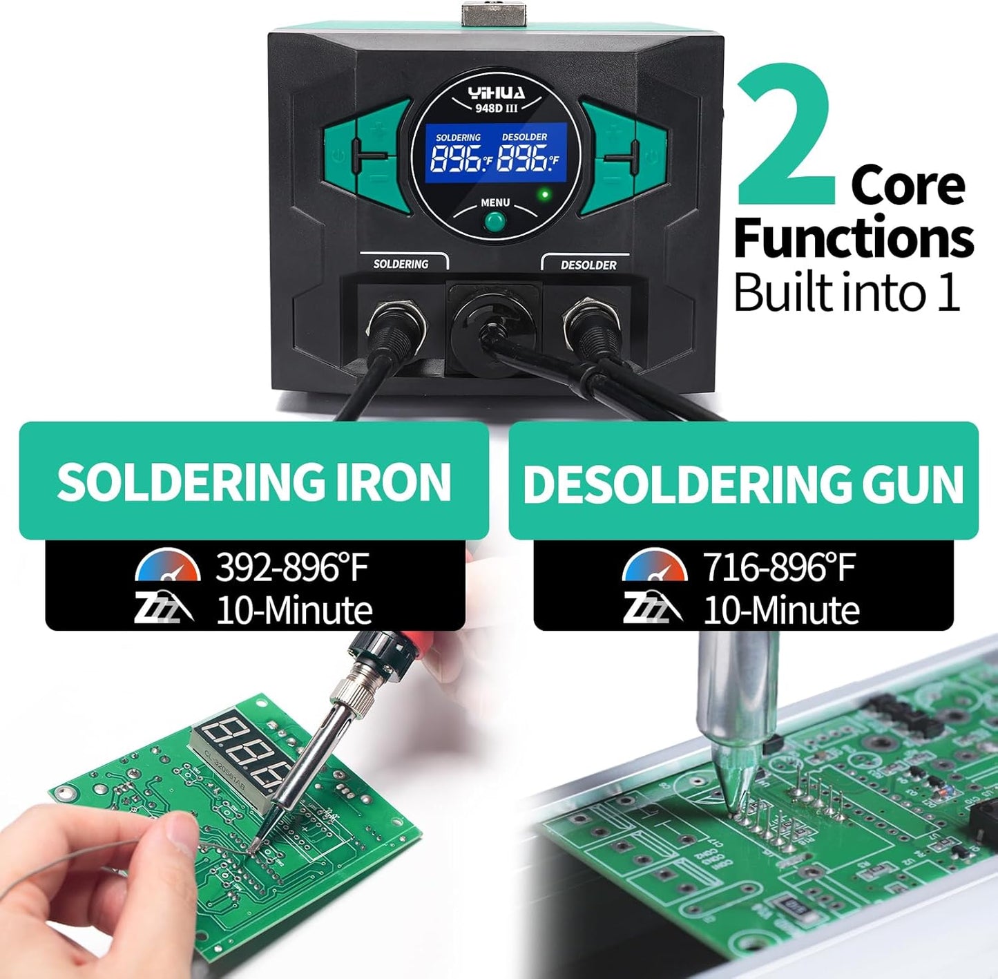 YIHUA 948D III Soldering Iron Desoldering Station Kit with Upgraded Desolder Tool, 110W EVO Solder Iron, Vacuum Pump, 3 Desoldering Nozzles, with Automatic Shutdown, Sleep Mode Functions.