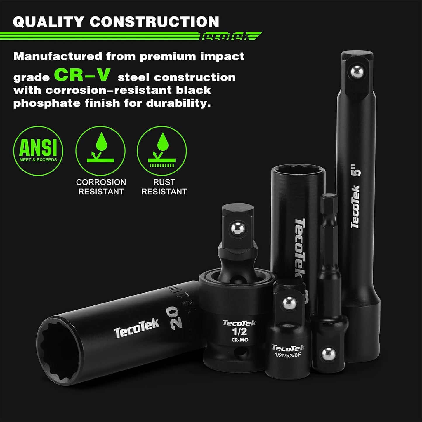 1/2" Drive Deep 12-Point Impact Socket Set, 32-Piece Socket Set, SAE 3/8-1-Inch and Metric 10-24mm Size, Includes Extension Bars, Universal Joint and Adapter, CR-V Steel