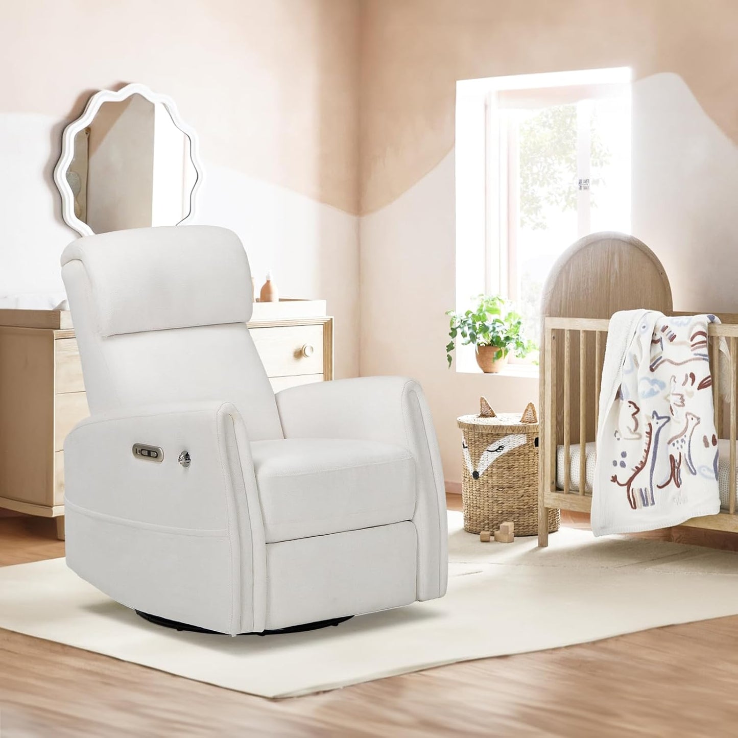 COLAMY Power Recliner Chairs Swivel Glider Rocker for Nursery, Upholstered Fabric Living Room Rocking Reclining Single Sofa Chair with 2 Device Holders, White, Set of 2