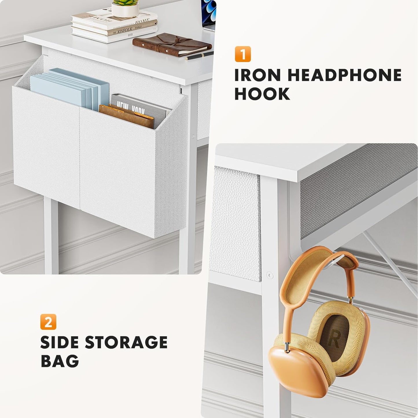 Sweetcrispy Small Desk with Fabric Drawers for Bedroom Home Office, 32 Inch Computer Gaming Desk Writing Study PC Table with Side Bag Headphone Hook Metal Frame Adjustable Feet,Pure White