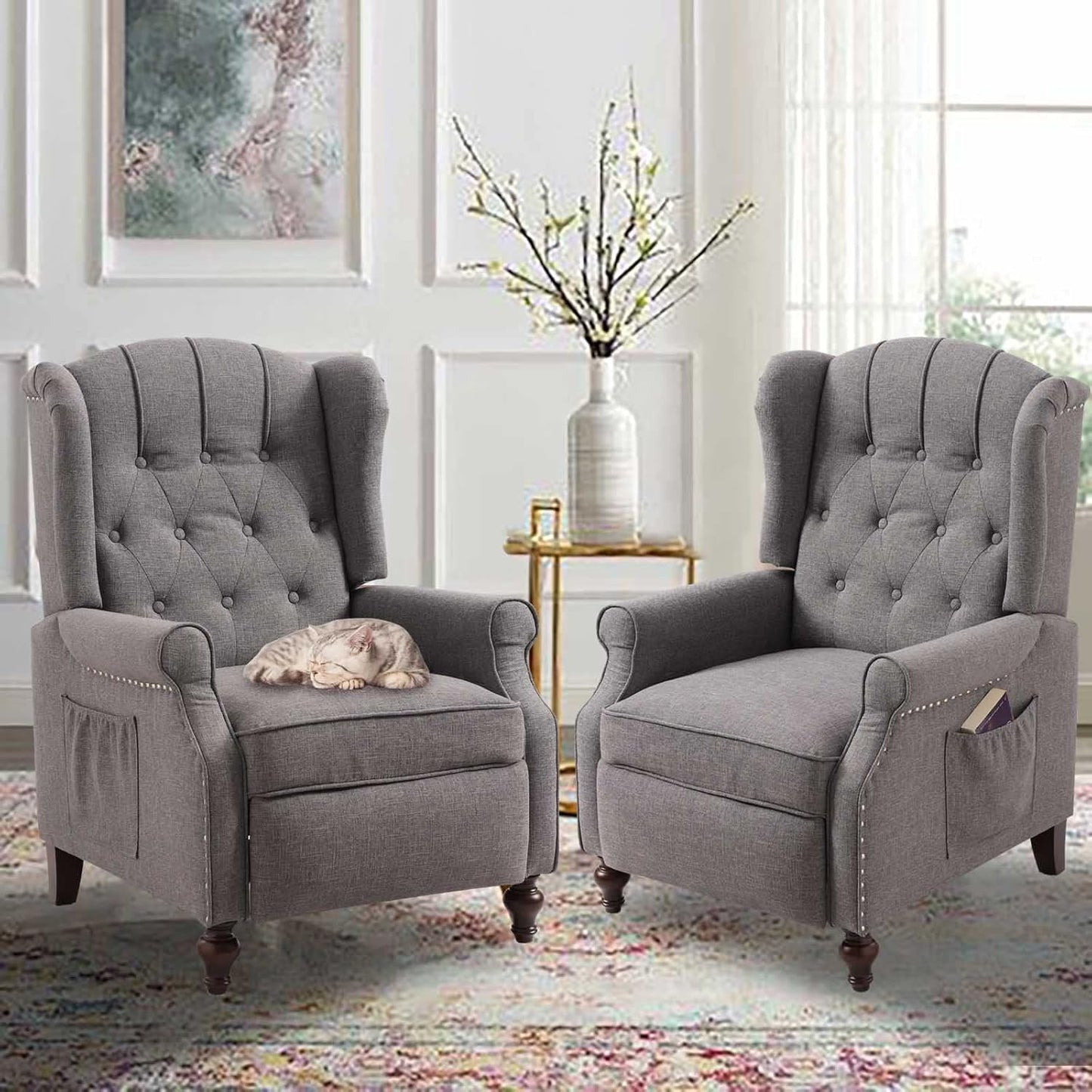 BINGTOO Wingback Recliner Chair with Massage and Heat Pushback Recliner Chair Mid Century Accent Chairs Tufted Fabric with Rivet Decoration for Living Room Bedroom
