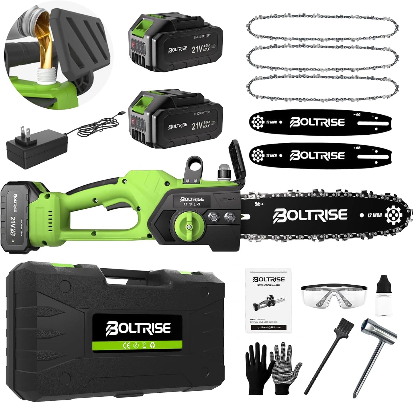 12 Inch Cordless Brushless Electric Chainsaw, 2 × 4.0Ah Batteries & Auto Oiler Security Lock, 42 FT/S Powered Compact HandHeld Chain Saw, for Tree Trimming, Wood Cutting Garden, Pruning