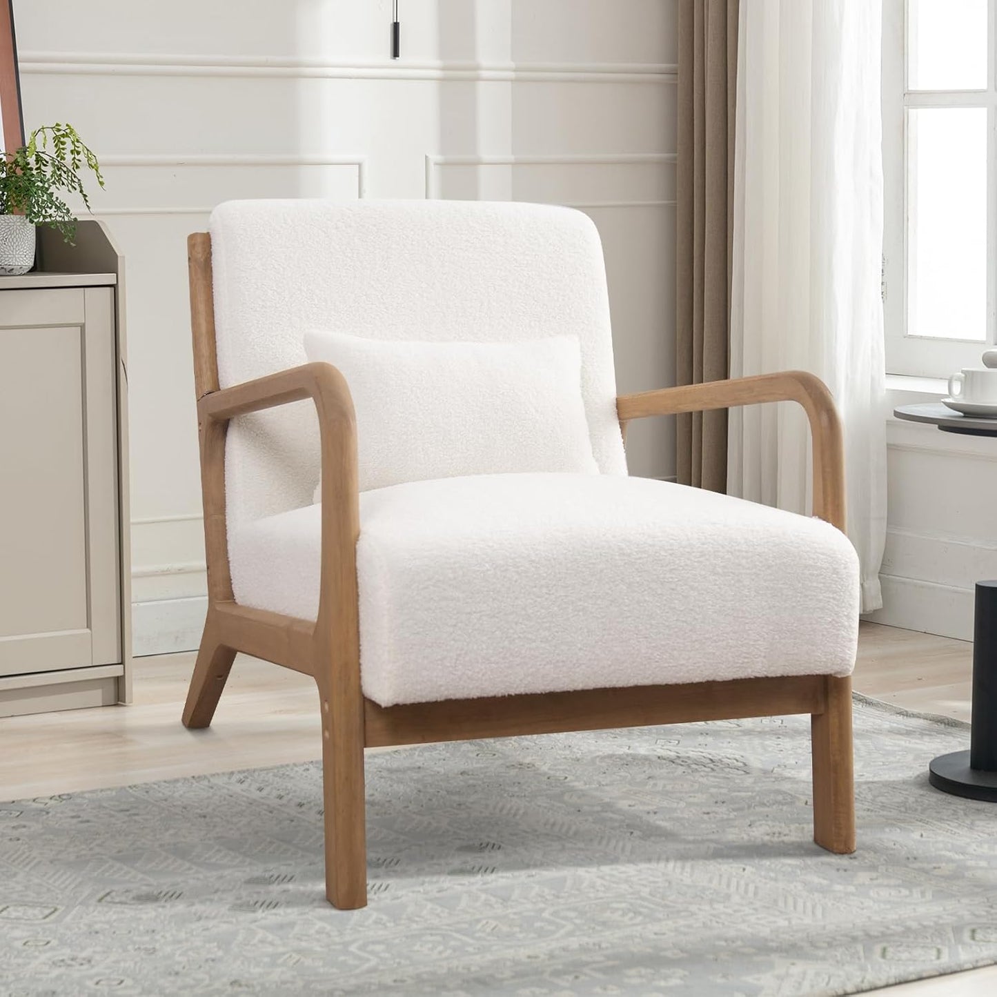 ANJ Modern Arm Chairs Set of 2, Mid-Century Modern Accent Chair Upholstered Lounge Chair with Pillow and Solid Wood Frame, Comfy Lambswool Chairs for Living Room