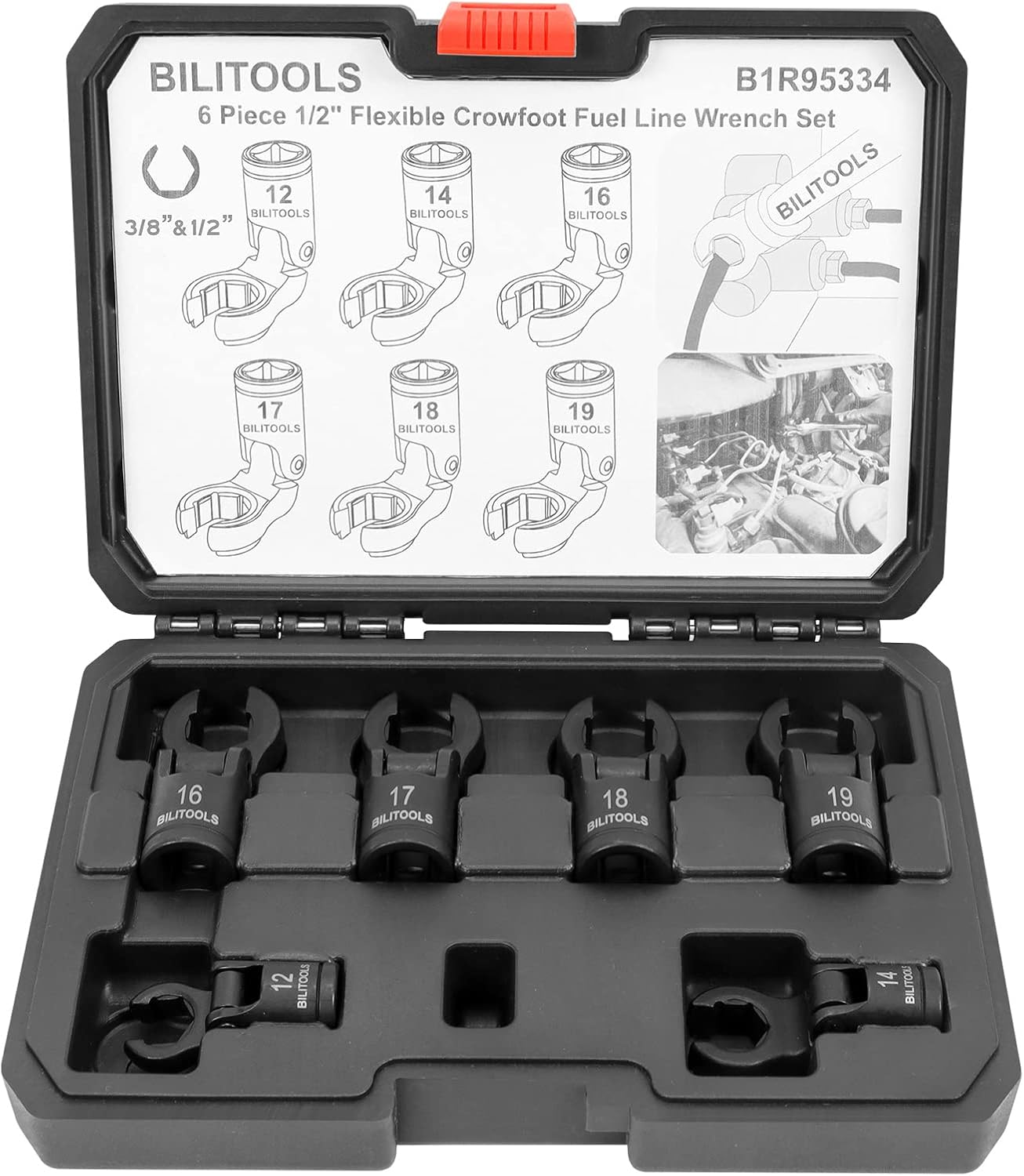 BILITOOLS 6PCS Long Flex Head Crows Foot Line Wrench Set, 3/8" Drive Injector Fuel Line Sockets Wrench Set, Crowfoot Flare Nut Socket Wrench Metric 12 14 16 17 18 19 mm