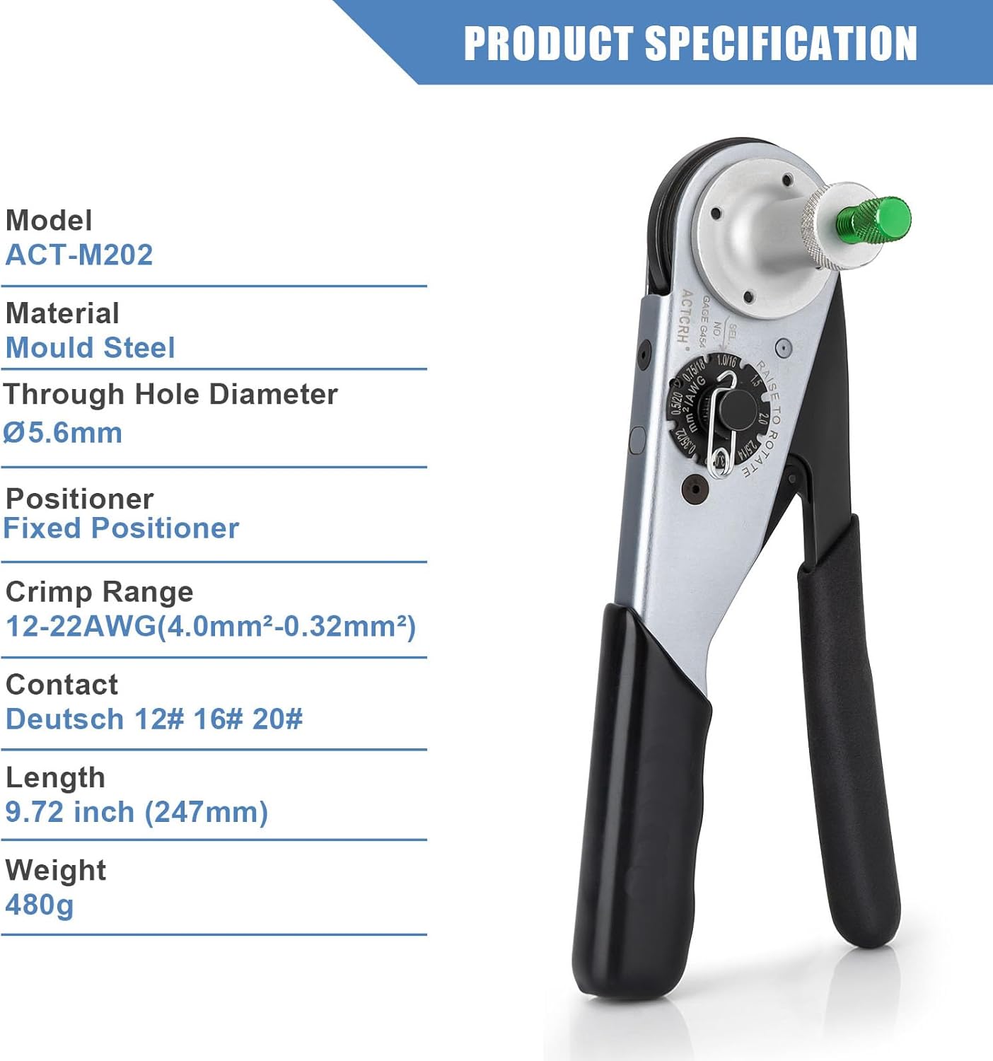 ACT-M202 Deutsch Crimp Tool for DTP, DT, DTM Connectors, Size 12, 16, 20 Solid Contacts,Deutsch Crimper Wire Range 12-22AWG,Equivalent to HDT-48-00