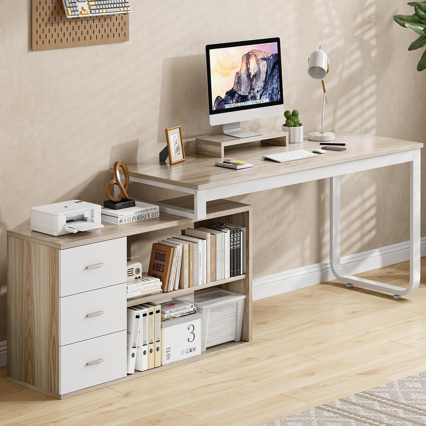 55 Inch Reversible L Shaped Computer Desk with 3 Drawers, Corner Desk with Storage Shelves and Removable Monitor Stand, White and Walnut