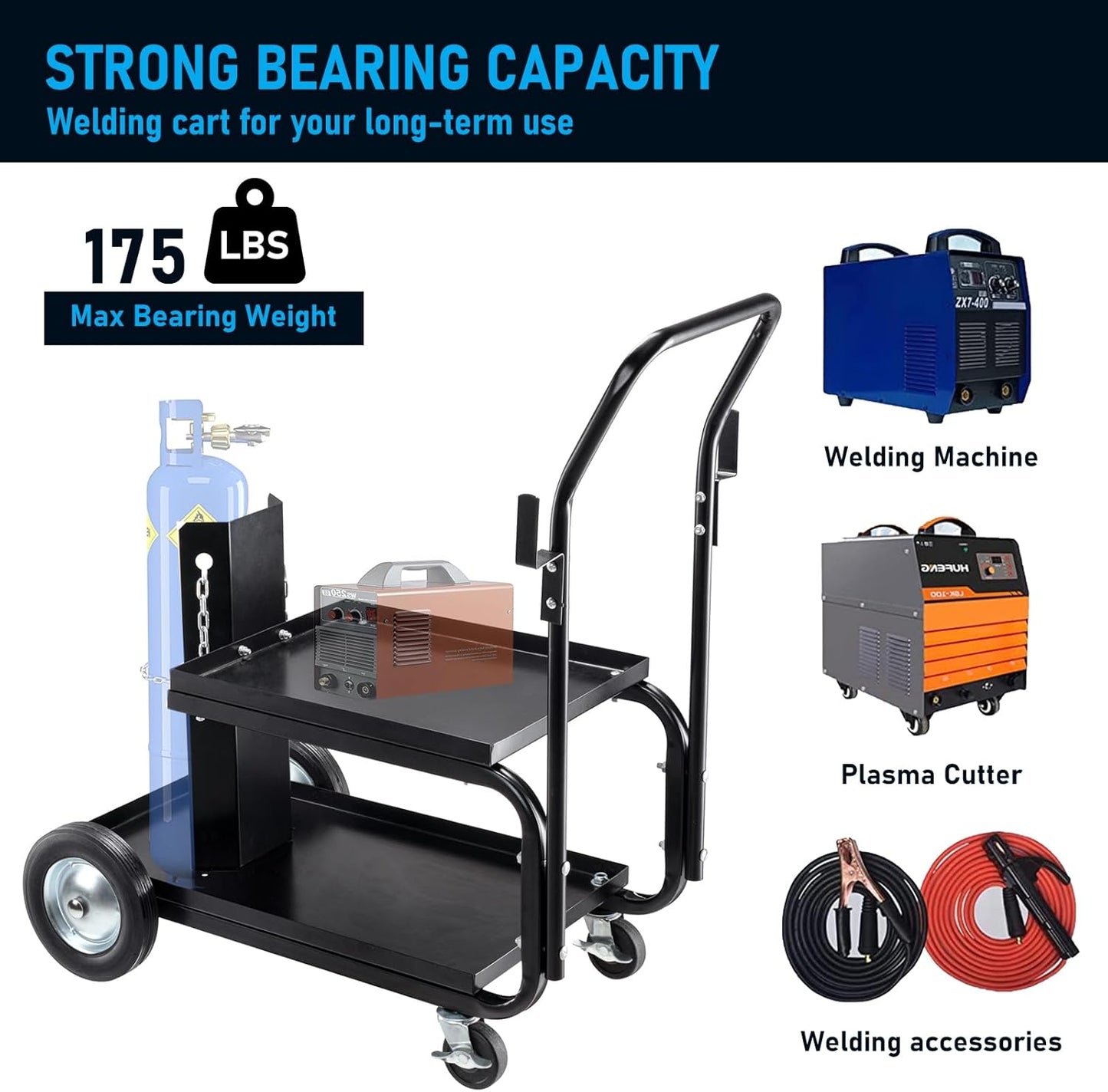 Welding Cart, MIG TIG ARC Welder Cart w/Upgraded Handle, Galvanized Casters,175lbs Capacity Portable Welding Tank cart, Plasma Cutting Machine, Larger Running Gear with Cylinder Rack