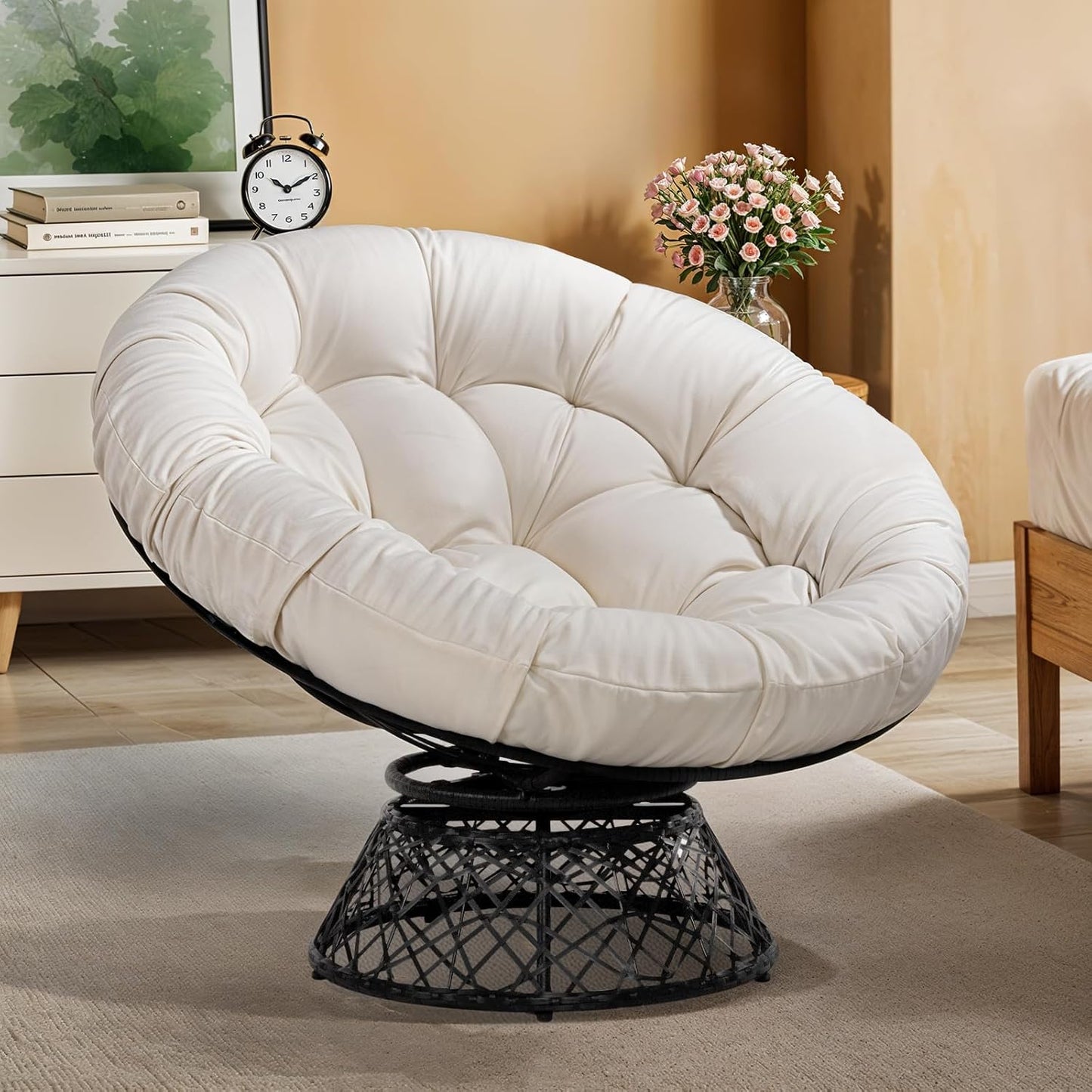 Bme 40" Ergonomic Wicker Papasan Chair with Soft Thick Density Fabric Cushion, High Capacity Steel Frame, 360 Degree Swivel for Living, Bedroom, Reading Room, Lounge, Silver Cloud - Black Base