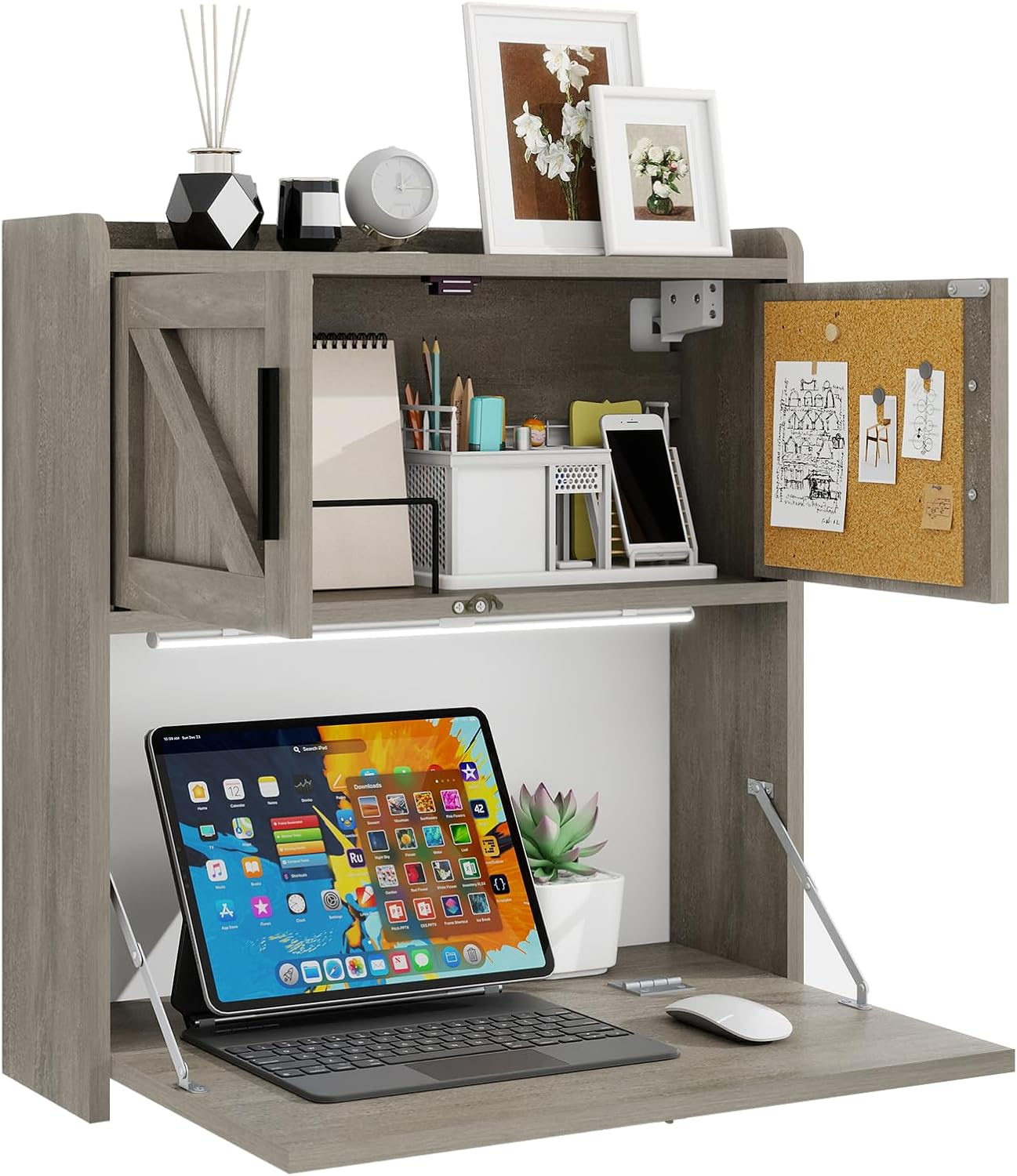 ARTETHYS Wall Mounted Desk with LED Light Multifunctional Fold Down Laptop Computer Table Writing Workstation with Storage Compartments Space Saving for Home Office Wood Color