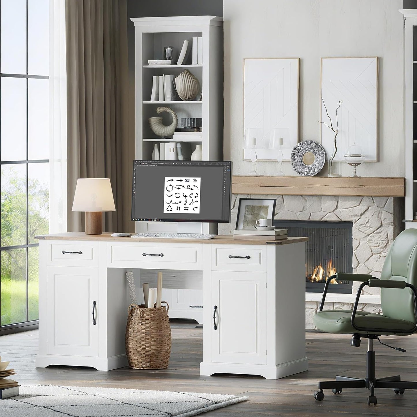 60" Executive Desk with Drawers, Farmhouse Home Office Desk with Storage Cabinets, Rustic Computer Writing Desks, Wood Computer Desks Workstation for Study and Work, Antique White