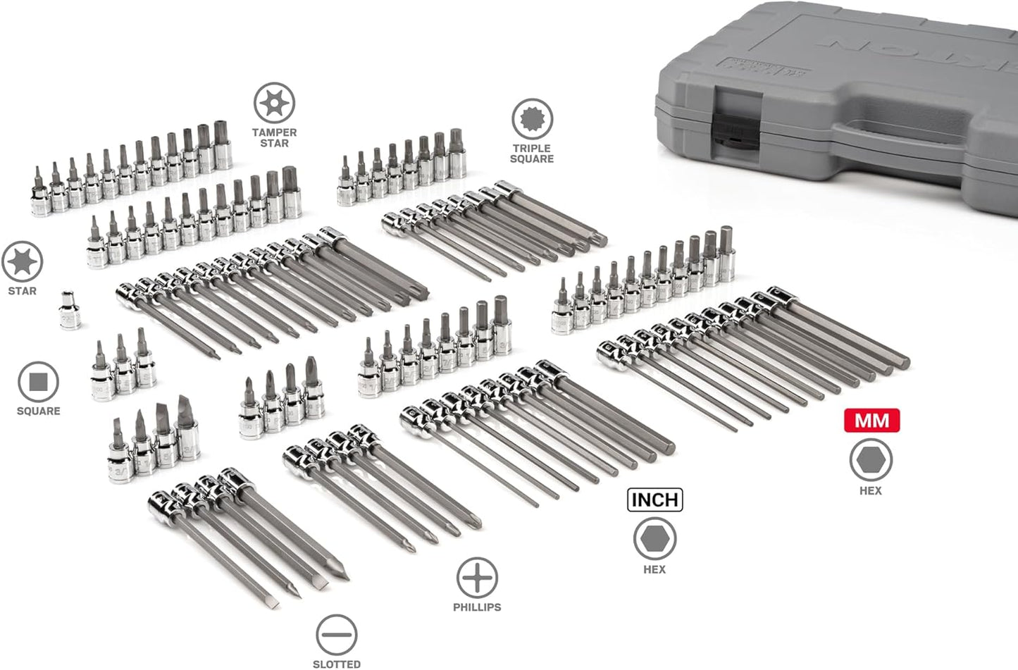 TEKTON 3/8 Inch Drive Hex, Torx, TR Torx, Phillips, Slotted, Square, Triple Square Bit Socket Set with Case (110-Piece) | SHB91317