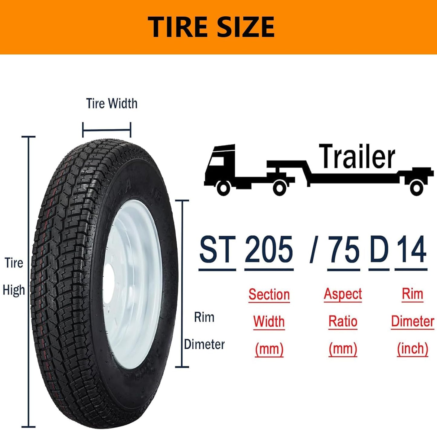 ST205/75D14 Trailer Tires with 14'' Rims, 5 Lug on 4.5'', Load Range C, 6PR