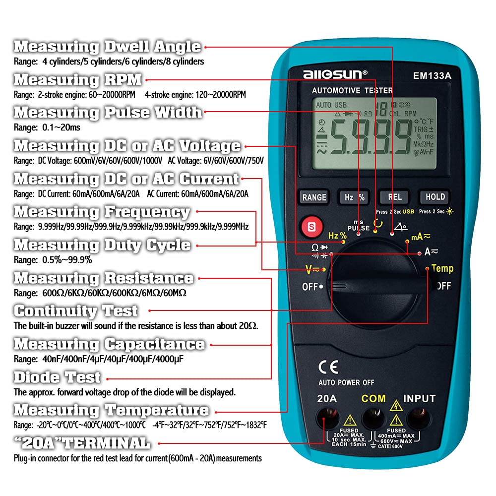 allsun Automotive Dwell Meter Digital Multimeter Autoranging TRMS 5999 Counts ACA/DCA Max.20A for RPM Dwell Angle Pulse Width Tach Temperature Duty Cycle Data Hold Test,Meter to PC