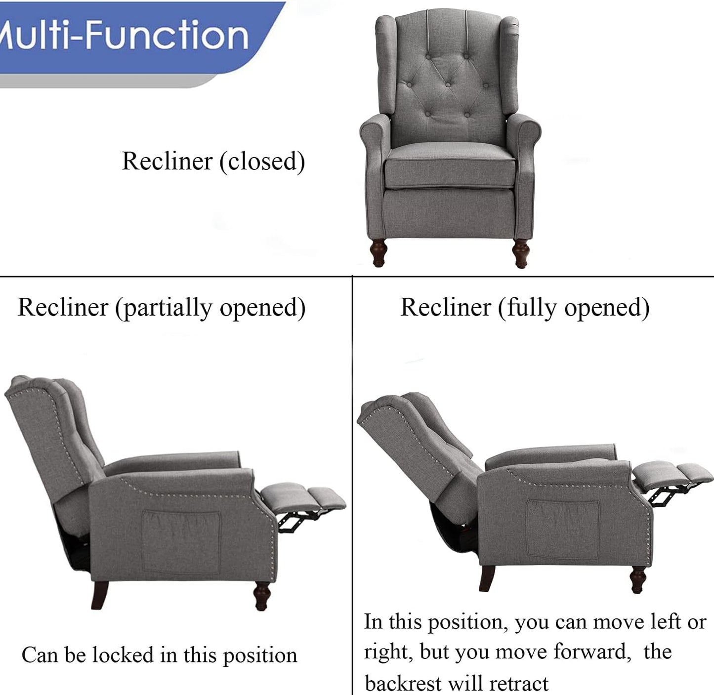 SAMERY Wingback Recliner Chair with Massage and Heat, Accent Chair Push Back Recliner Tufted Arm Chair for Living Room Bedroom, Reading Lounge Sofa Seat with Remote Control, Adjustable Backrest