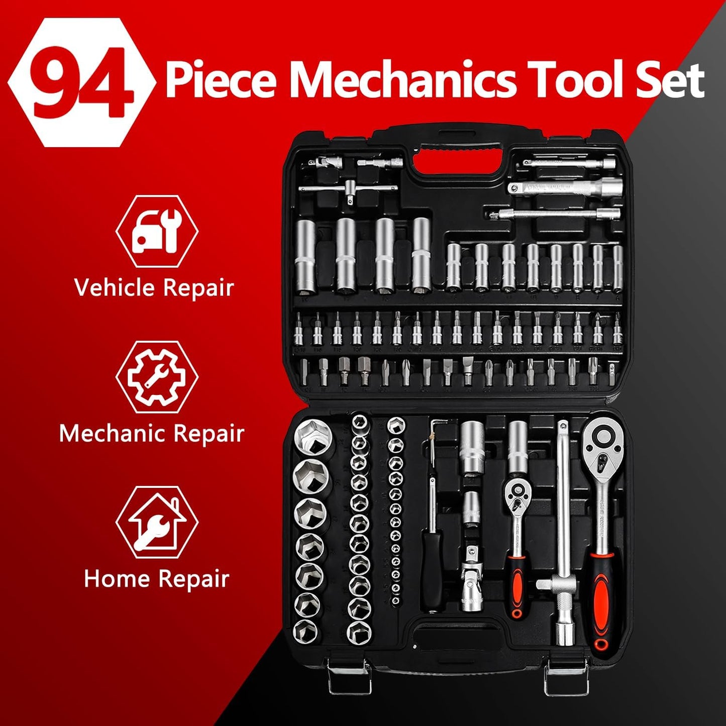 XHTT 94 Piece Tools For Mechanics,Metric And Standard 1/4,1/2 Socket Set,And Ratchet Set,Universal Joint,Extension Bars And Quick Release Reversible Ratchet Wrench,Plastic Toolbox Storage.