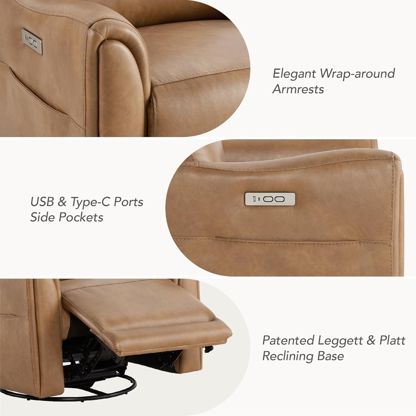 Watson & Whitely Power Swivel Rocker Recliner, Reclining Chair with Memory Foam for Living Room, Faux Leather RC011 (Camel)