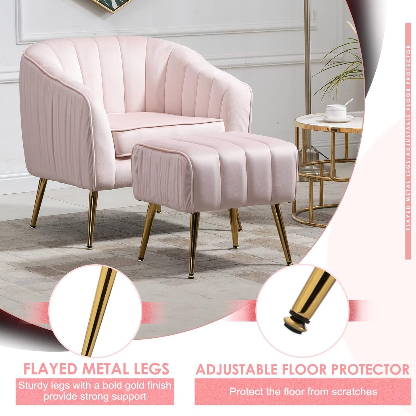 Velvet Accent Sofa Chair with Ottoman, Comfy Living Room Chairs with Adjustable Legs, Modern Upholstered Tufted Lounge Barrel Chair Ottoman Set for Bedroom, Home, Office (Pink)