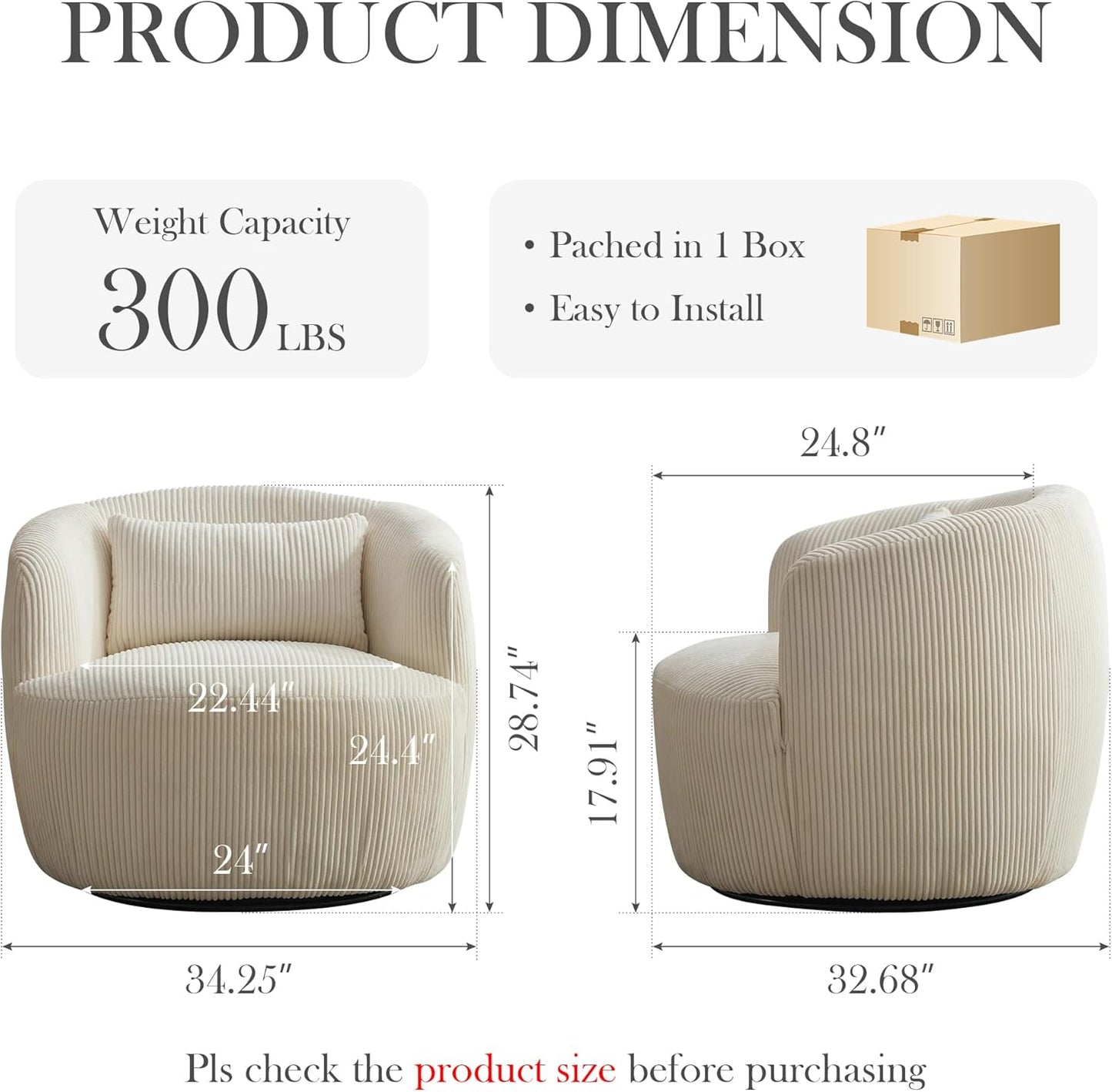 Aoiy & Wifon 34.25" W Swivel Barrel Chair, Upholstered Round Small Accent Chair, Single Comfy Barrel Chair for Living Room, Corduroy, Ivory