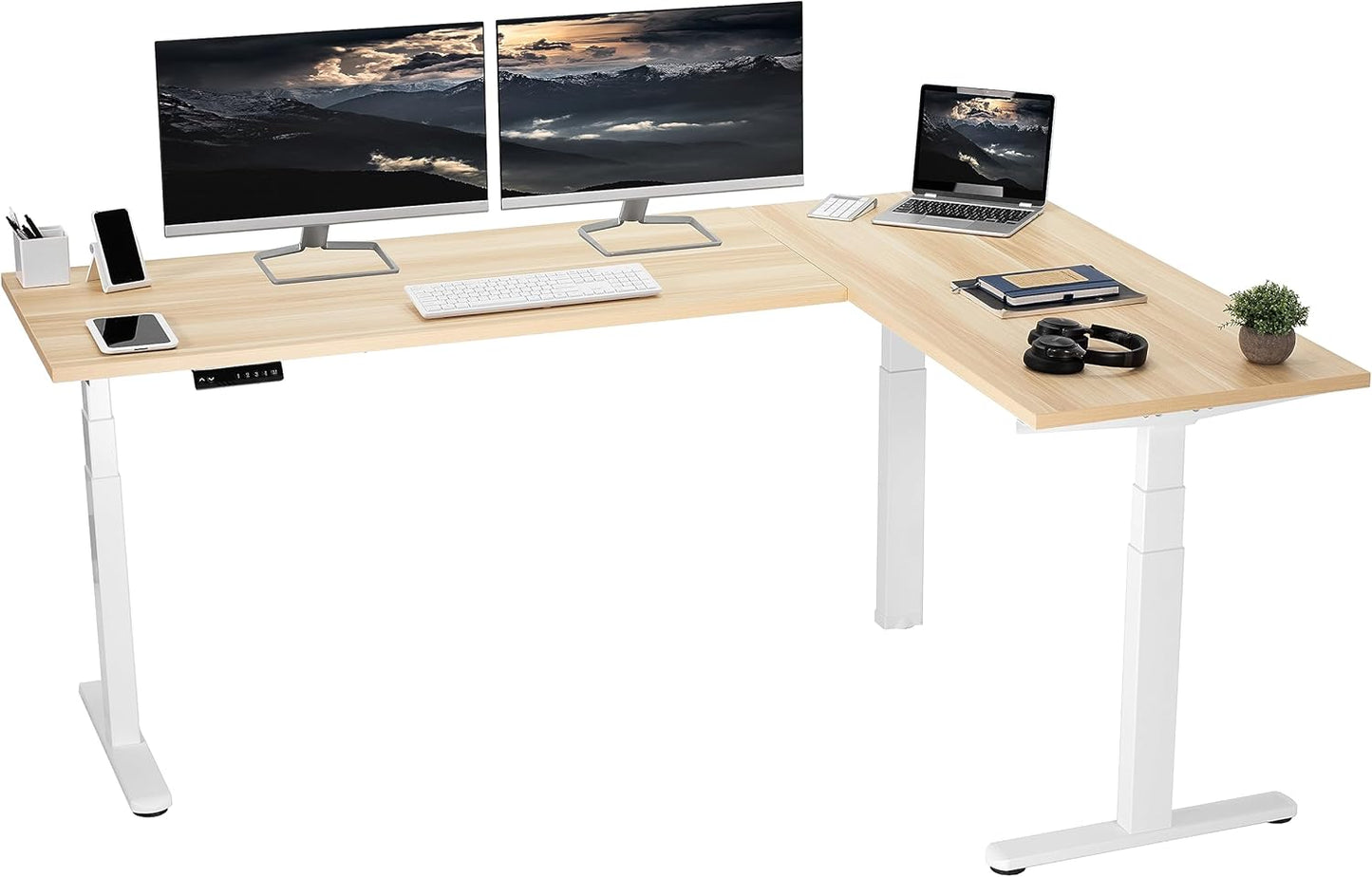 VIVO Electric Height Adjustable 83 x 60 inch Corner Stand Up Desk, 2 Light Wood Solid Table Tops, White Frame, Memory Controller, L-Shaped Workstation, 3E Series, DESK-KIT-3E8C