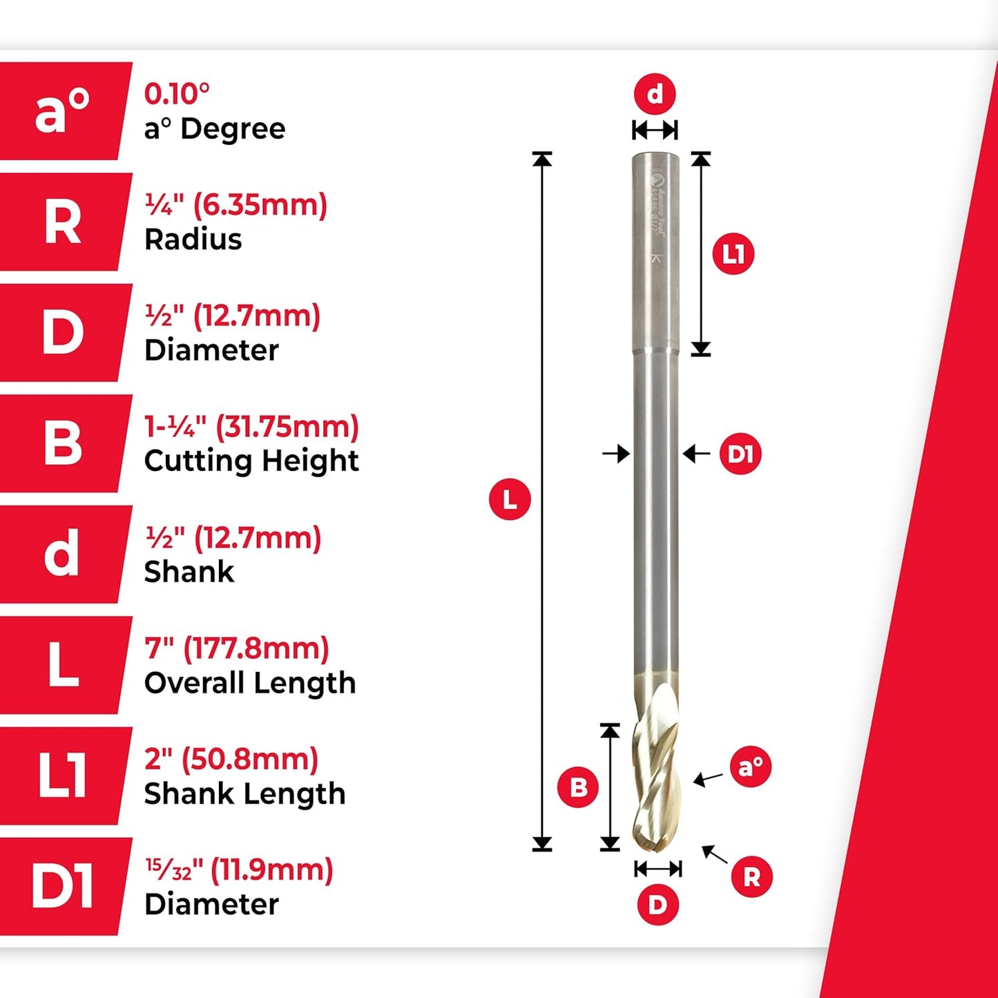 Amana Tool Extra Long CNC 2D and 3D Carving Ball Nose 0.10 Deg Straight Router Bit, ZrN Coated, 46496, 1/2 Dia x 1/4 Rad x 1-1/4 x 1/2 Shk x 7 x 3 Fl