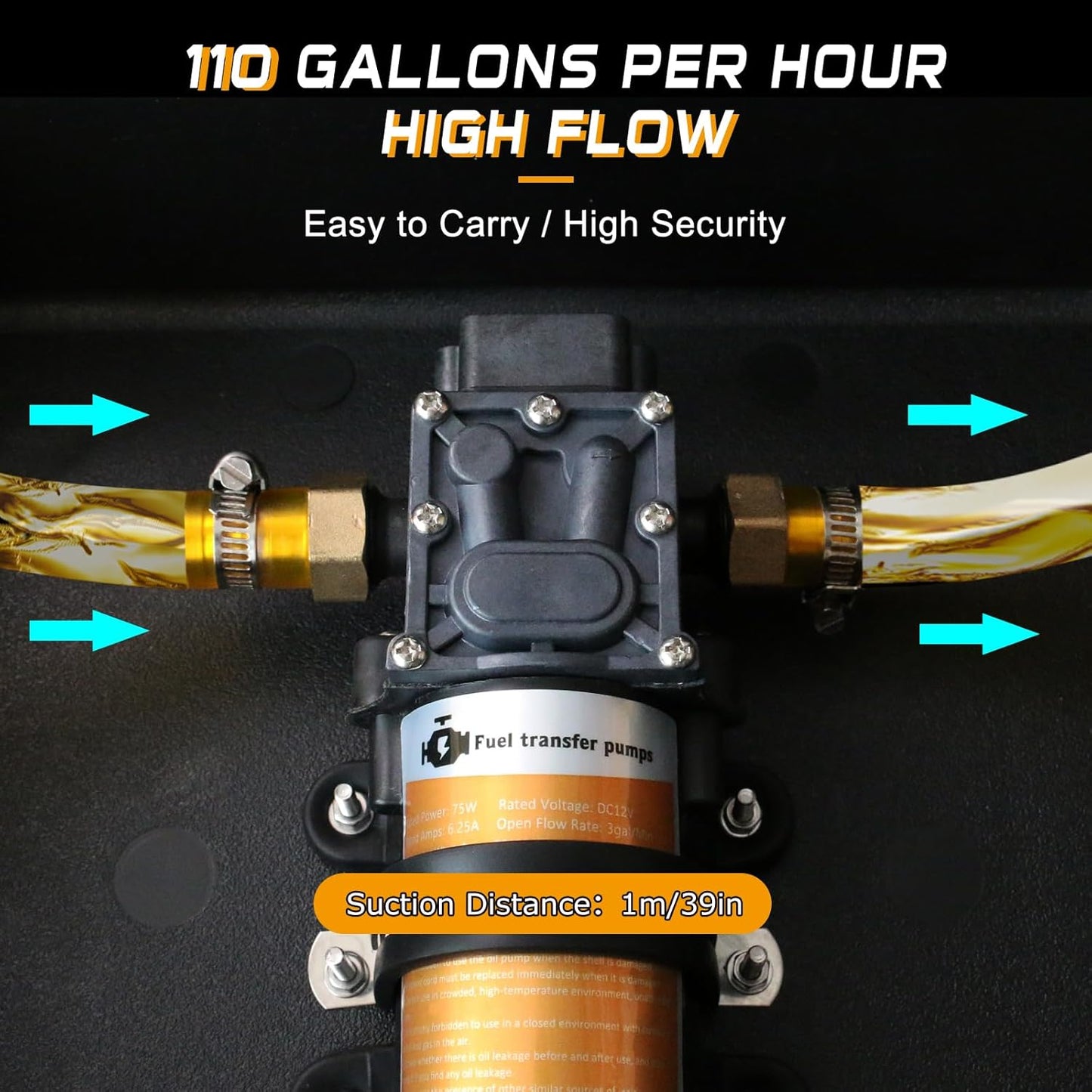 12V 75W Fuel Transfer Pump Kit, Moves Up to 110 Gallons Of Gas or Diesel Per Hour, with High Elastic Fuel Pipe & 2 Power Cables, Great for Vehicles, Boats, Equipment, Gasoline, Diesel