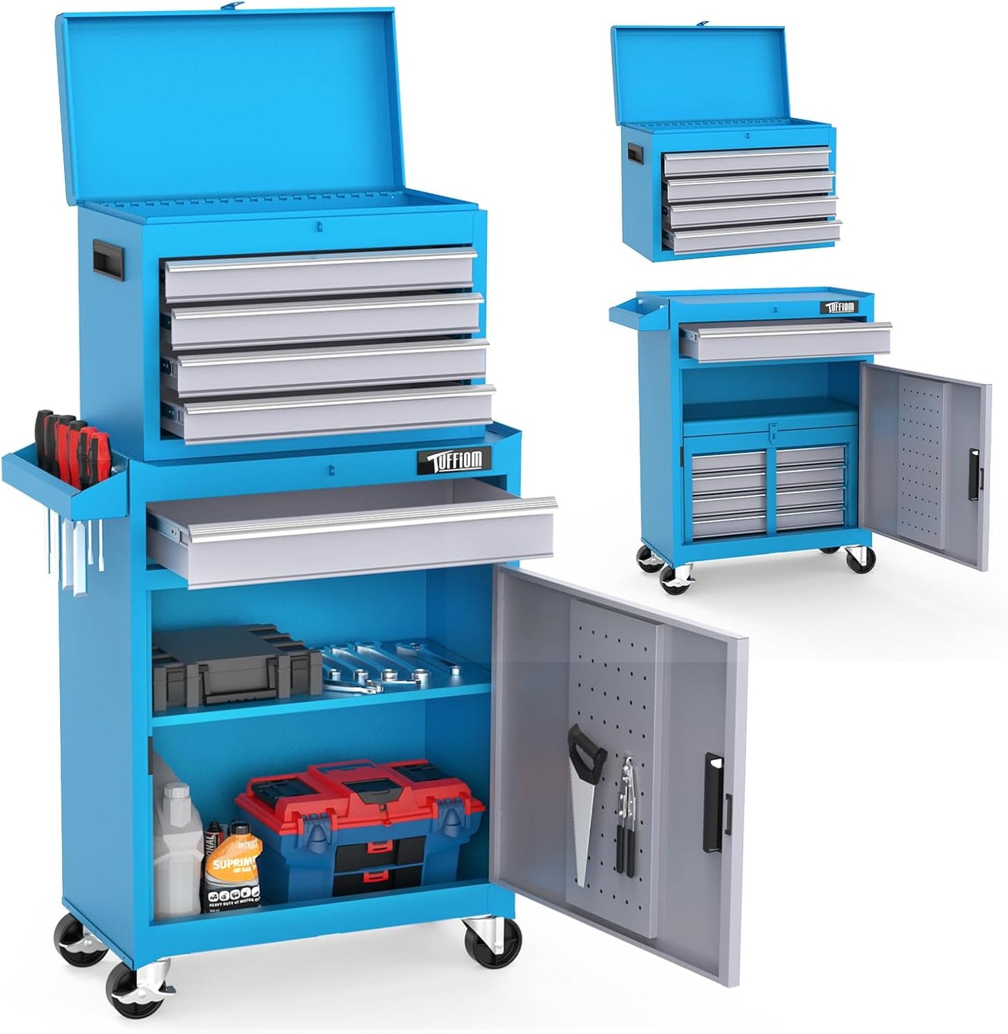 TUFFIOM 8-Drawer Rolling Tool Chest, Tool Storage Cabinet w/Lockable Wheels, Detachable Top, Drawers & Side Hooks, Mechanic Tool Organizer Box for Garage Warehouse Repair Shop