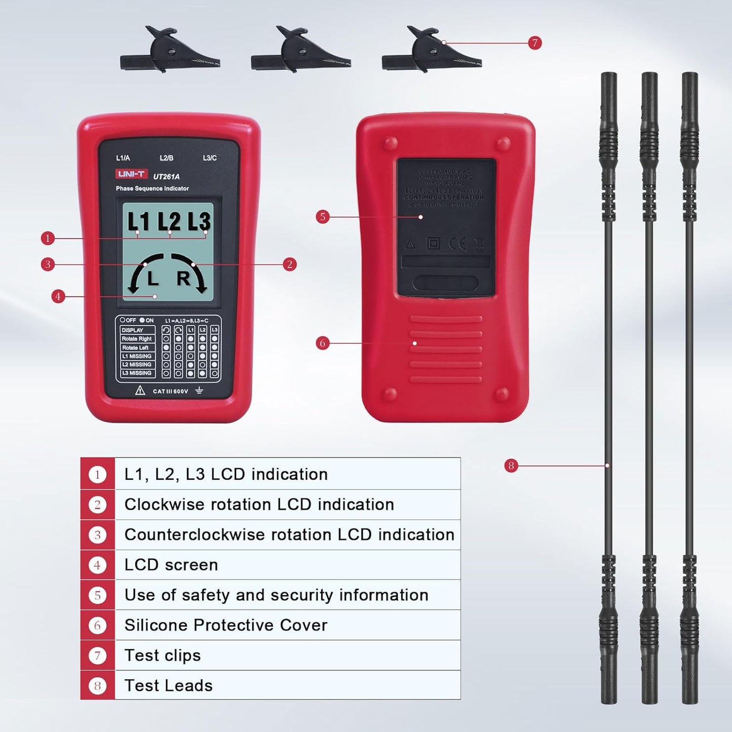 UNI-T 3-Phase Rotation Meter Sequence Tester, AC Phase Sequence Indicator 40V-690V Lack Phase Meter Motor UT261A