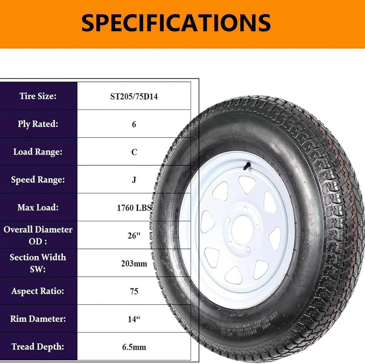 ST205/75D14 Trailer Tires with 14'' Rims, 5 Lug on 4.5'', Load Range C, 6PR