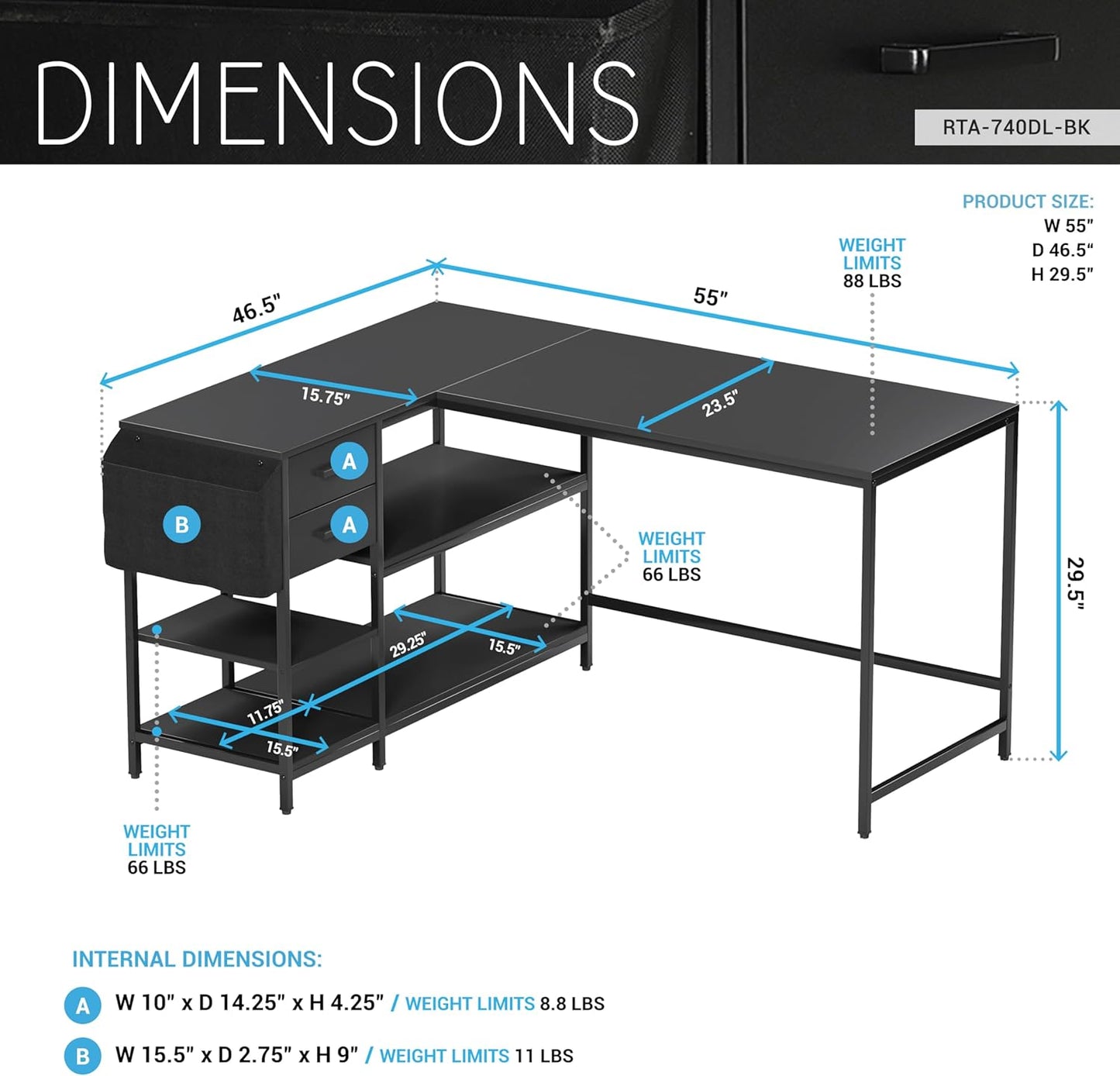 Techni Mobili Modern L-Shaped Desk with Storage, Corner Computer Desk for Home & Office with, 2 Drawers, Open Storage Shelves, Fabric Organizer & Sturdy Metal Frame, Black