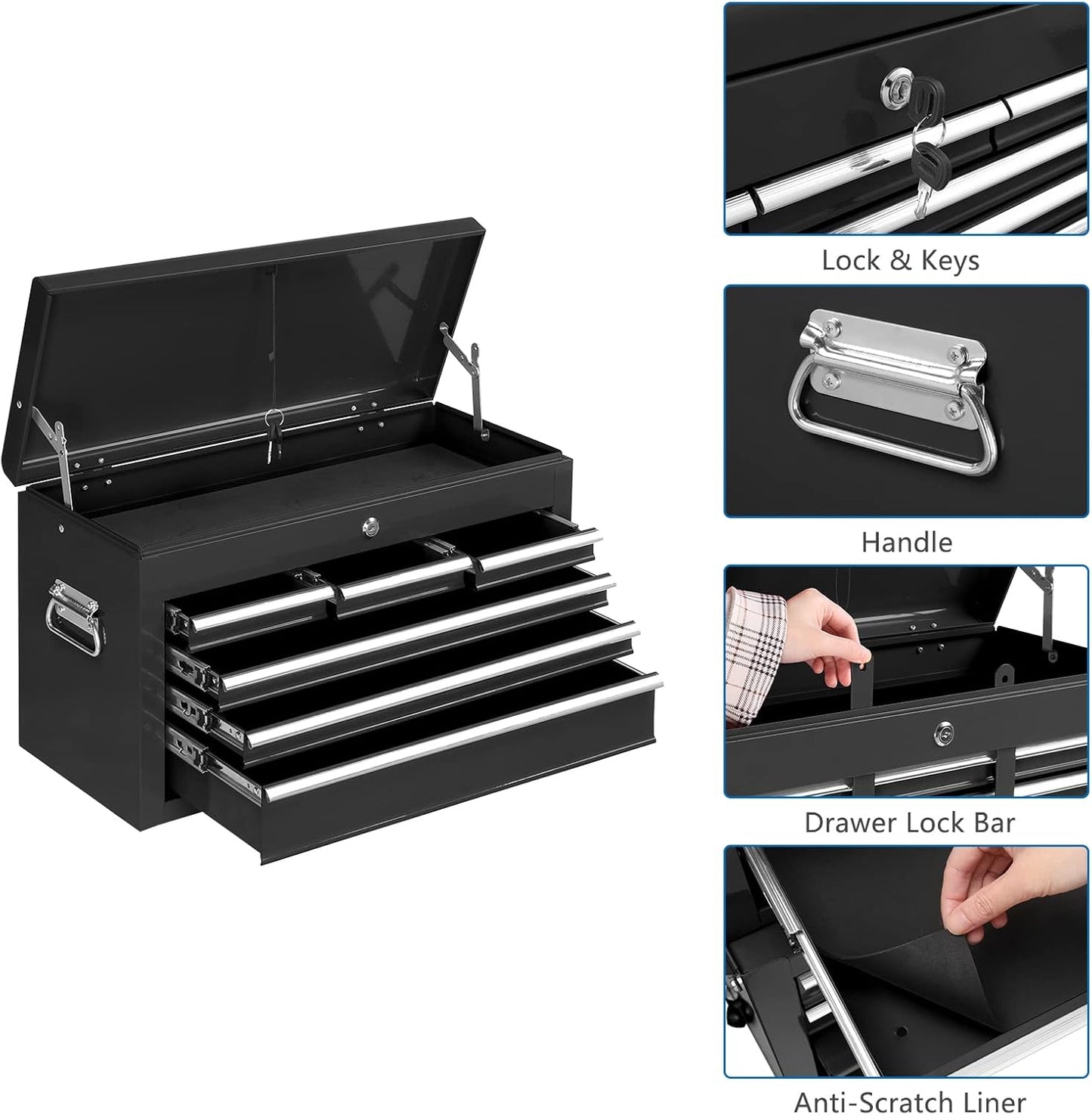 TUFFIOM 8-Drawer Rolling Tool Chest, Tool Storage Cabinet w/Lockable Wheels, Detachable Top, Drawers & Side Hooks, Mechanic Tool Organizer Box for Garage Warehouse Repair Shop