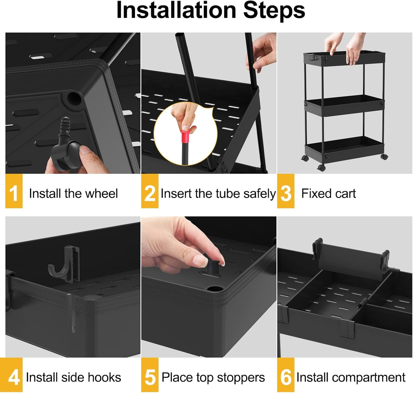 SPACELEAD Slim Storage Cart 3 Tier,Bathroom Organizer Rolling Utility,Mobile Shelving Unit Slide Out for Office, Kitchen, Laundry Room & Narrow Places,Black